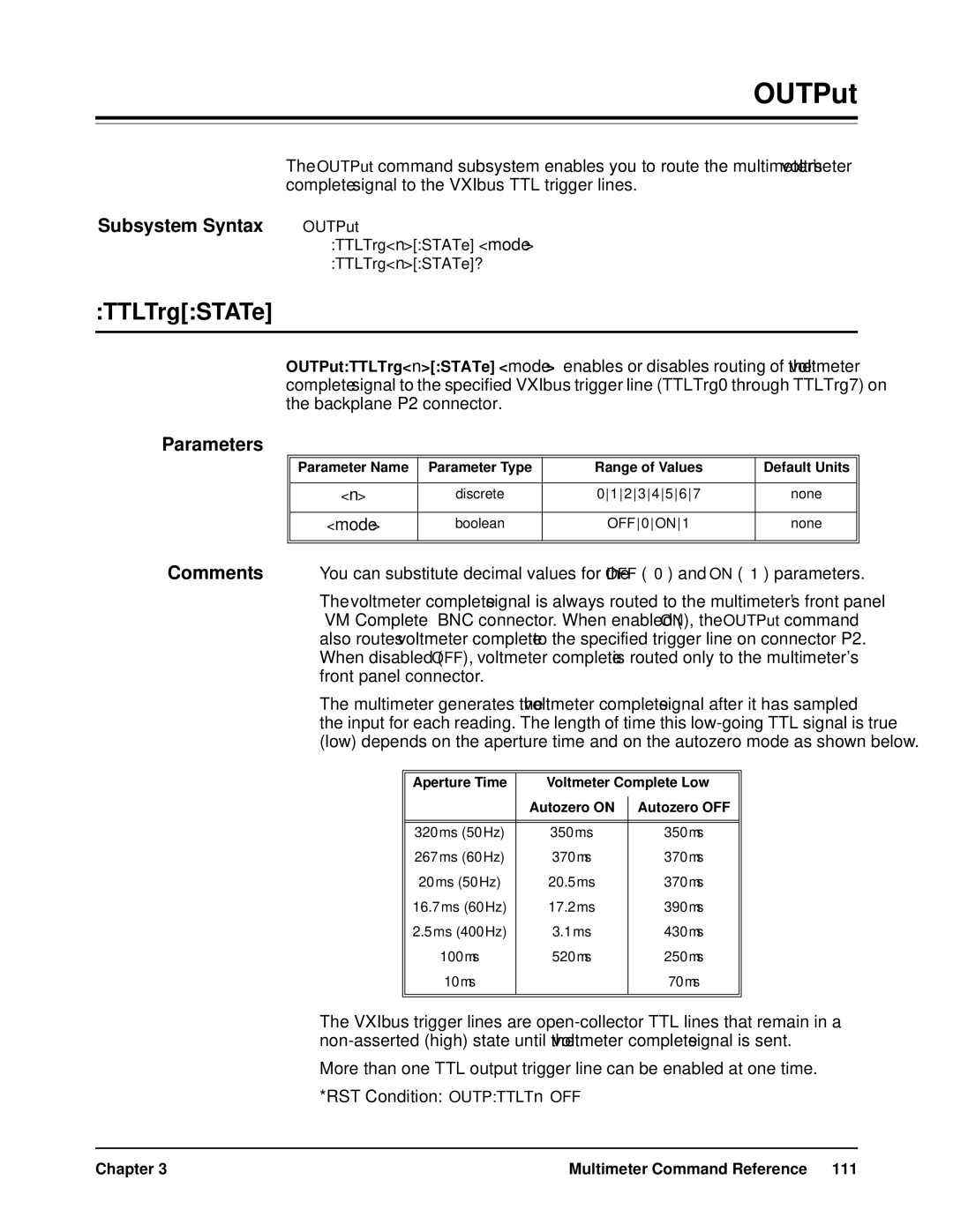 HP WaterSkis E1412A, WaterSkis E1312A manual OUTPut, TTLTrgSTATe, RST Condition OUTPTTLTn OFF 