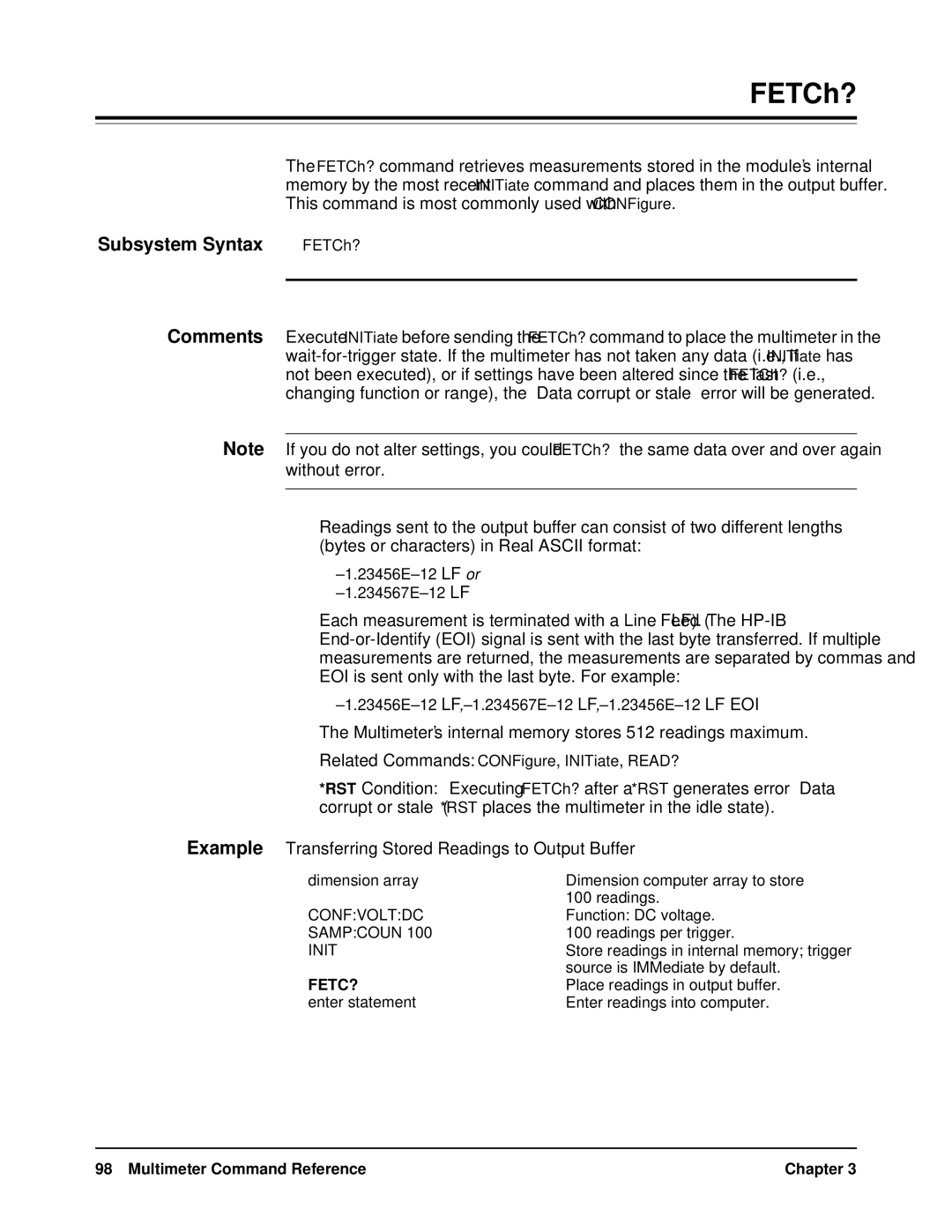 HP WaterSkis E1312A, WaterSkis E1412A manual FETCh?, Example Transferring Stored Readings to Output Buffer 