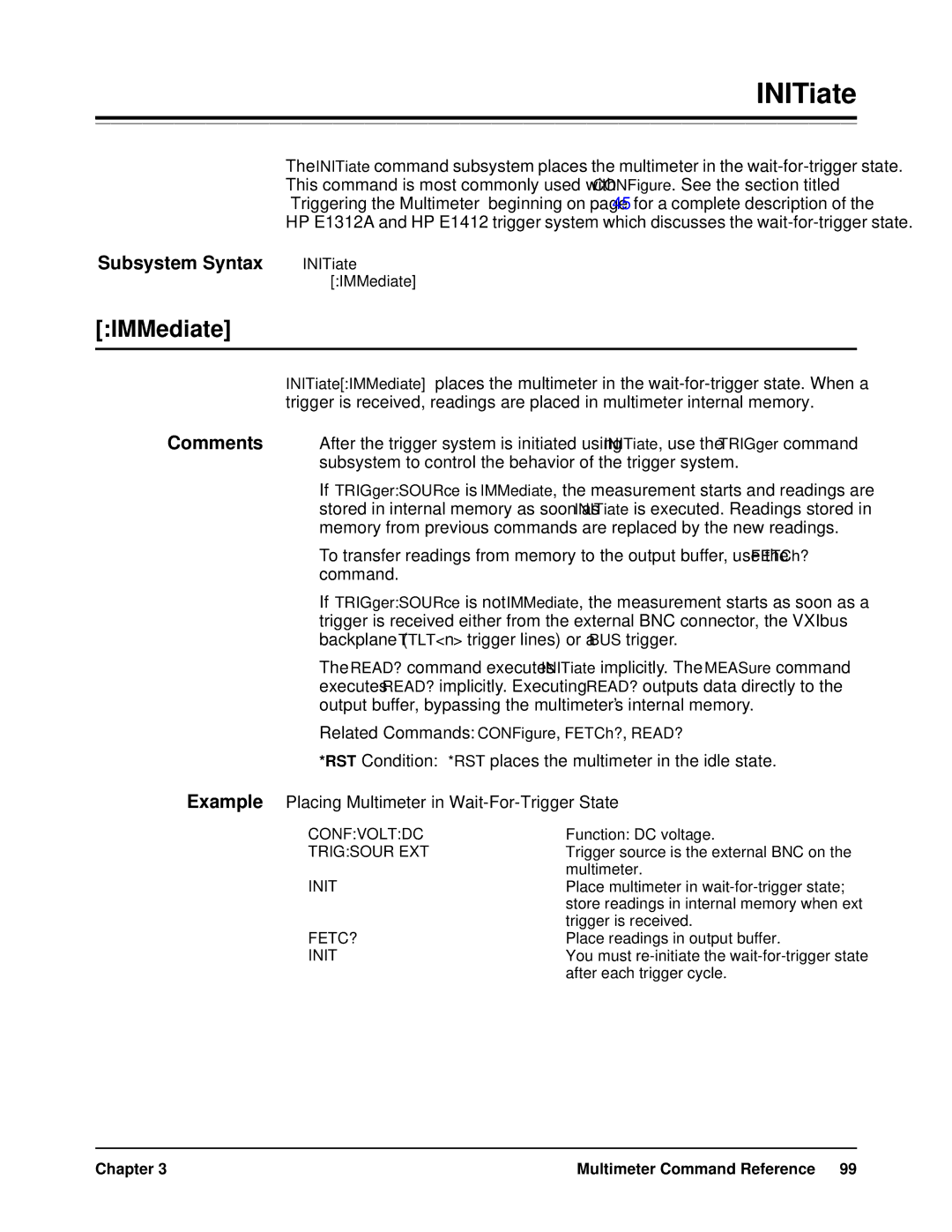 HP WaterSkis E1412A, WaterSkis E1312A manual INITiate, IMMediate, Example Placing Multimeter in Wait-For-Trigger State 