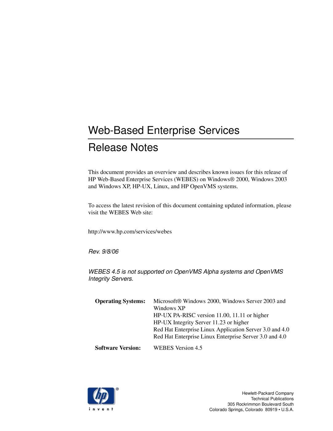 HP Web-Based Enterprise Services 4.5 manual Web-Based Enterprise Services Release Notes, Software Version 