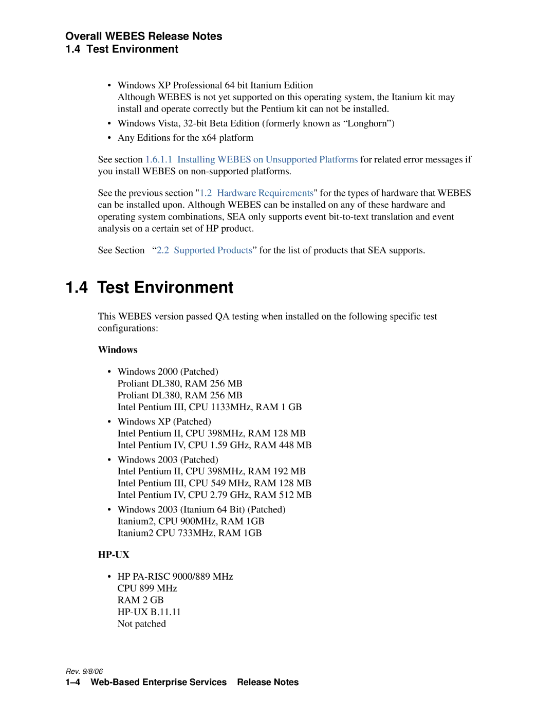 HP Web-Based Enterprise Services 4.5 manual Overall Webes Release Notes Test Environment, Windows 