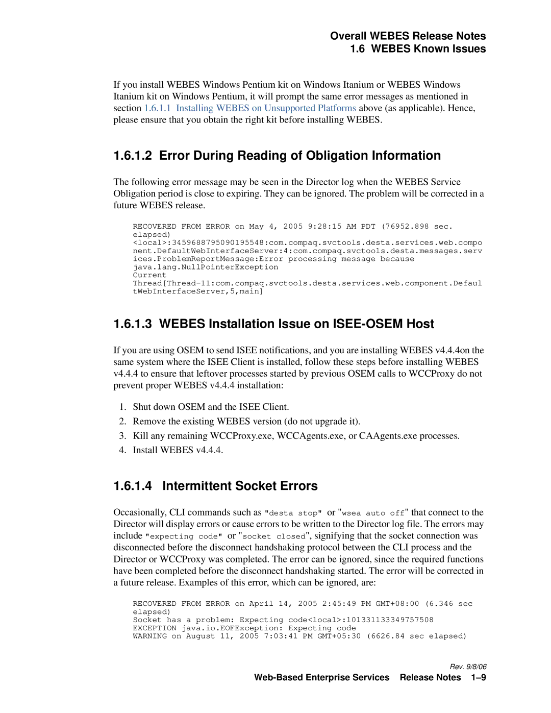 HP Web-Based Enterprise Services 4.5 manual Error During Reading of Obligation Information, Intermittent Socket Errors 