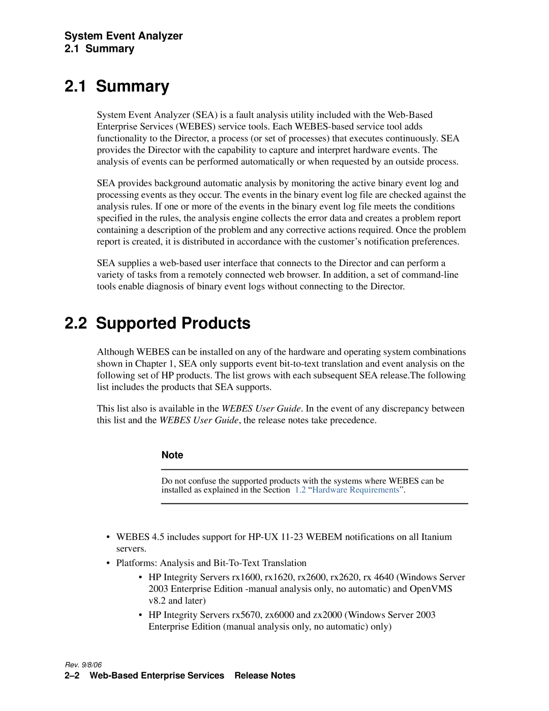 HP Web-Based Enterprise Services 4.5 manual Supported Products, System Event Analyzer Summary 