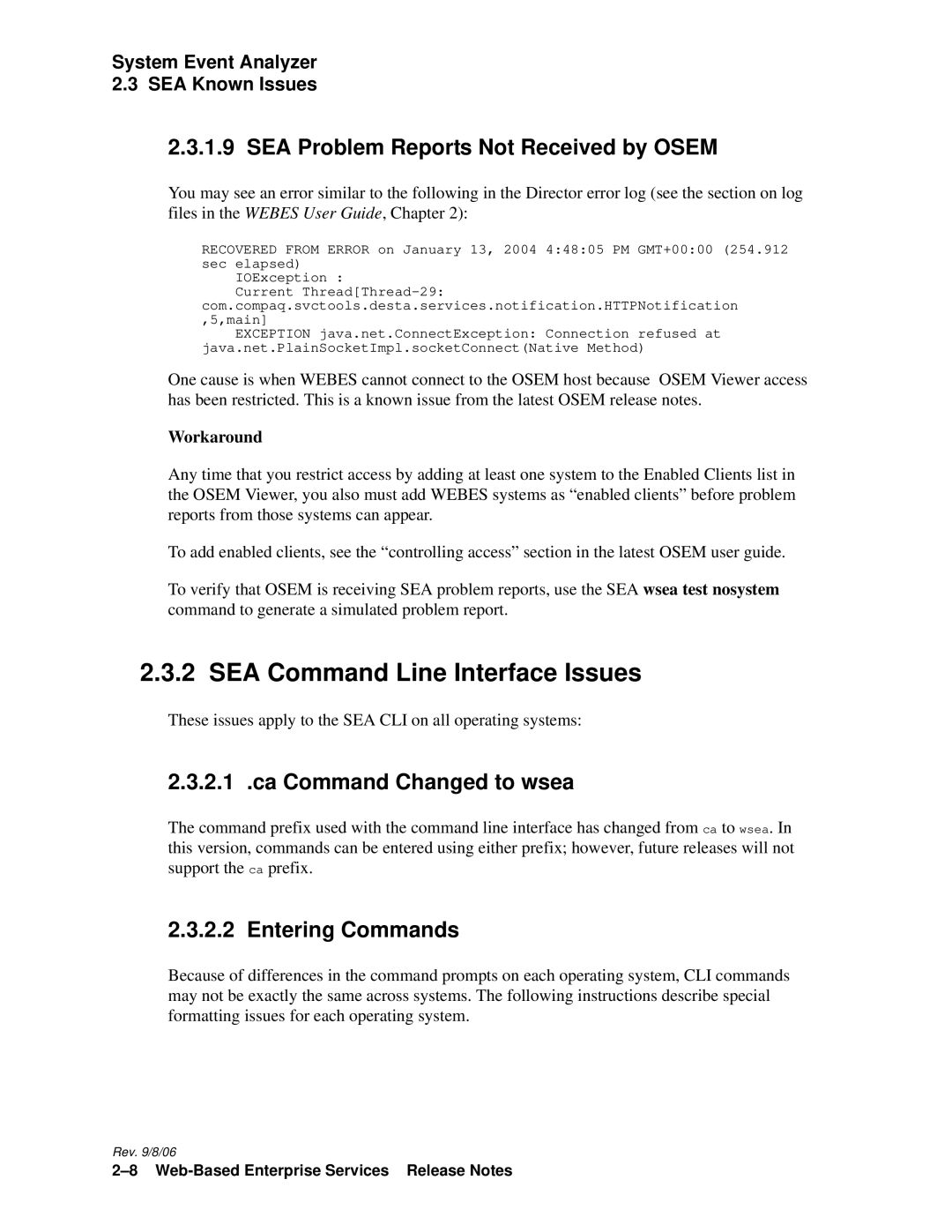 HP Web-Based Enterprise Services 4.5 manual SEA Command Line Interface Issues, SEA Problem Reports Not Received by Osem 