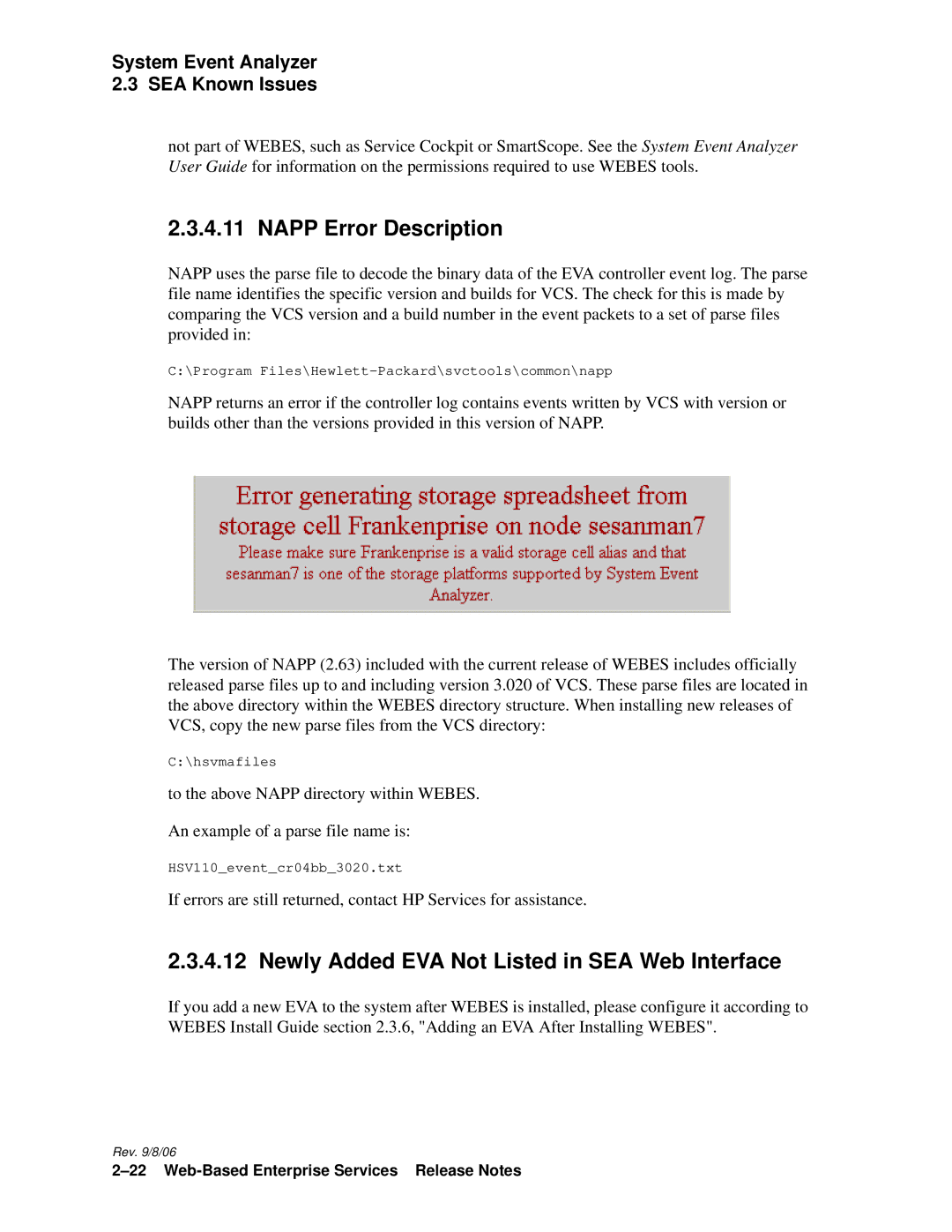 HP Web-Based Enterprise Services 4.5 manual Napp Error Description, Newly Added EVA Not Listed in SEA Web Interface 