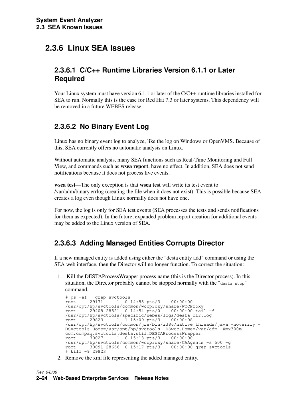 HP Web-Based Enterprise Services 4.5 manual Linux SEA Issues, 6.1 C/C++ Runtime Libraries Version 6.1.1 or Later Required 