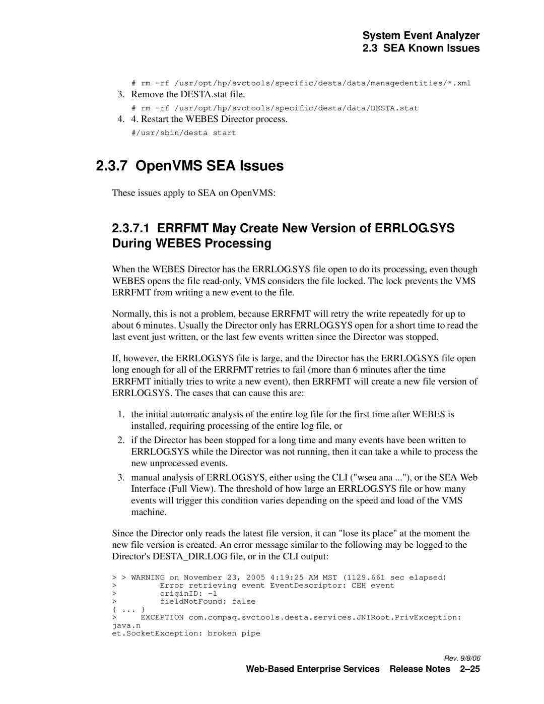 HP Web-Based Enterprise Services 4.5 manual OpenVMS SEA Issues 