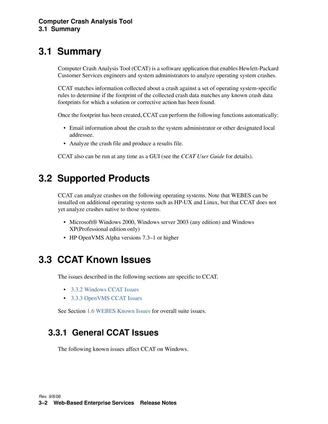 HP Web-Based Enterprise Services 4.5 manual Ccat Known Issues, General Ccat Issues, Computer Crash Analysis Tool Summary 