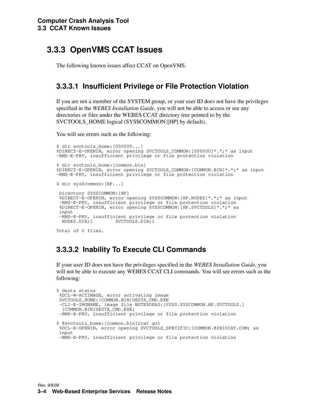 HP Web-Based Enterprise Services 4.5 manual OpenVMS Ccat Issues, Inability To Execute CLI Commands 