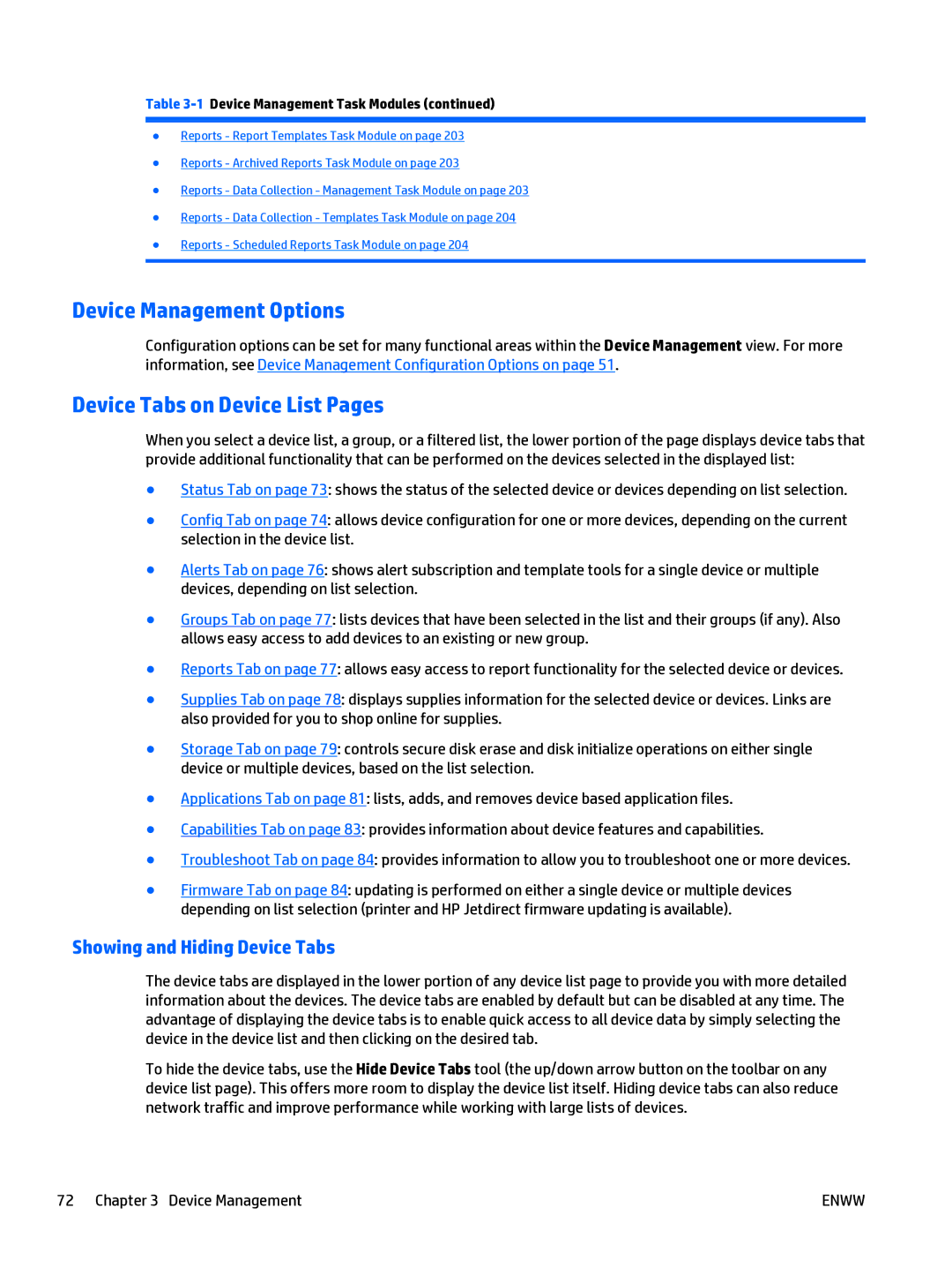 HP Web Jetadmin Software manual Device Management Options, Device Tabs on Device List Pages, Showing and Hiding Device Tabs 