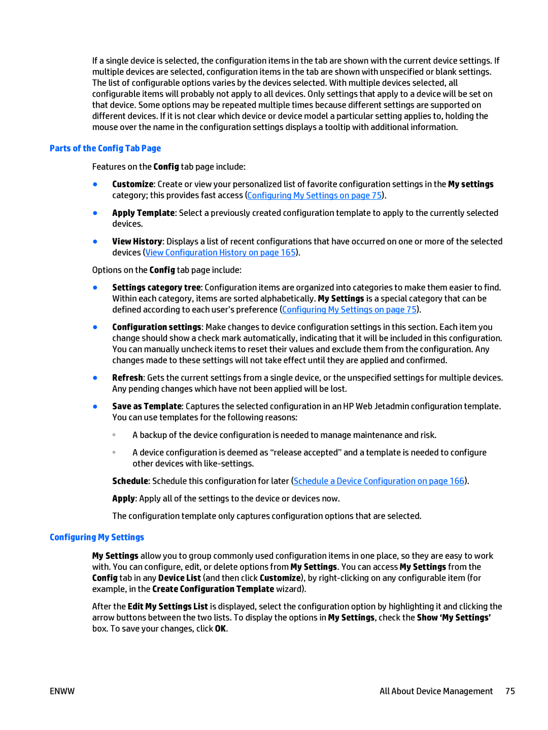 HP Web Jetadmin Software manual Parts of the Config Tab, Configuring My Settings 