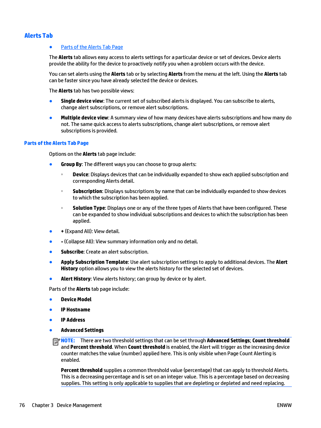 HP Web Jetadmin Software manual Parts of the Alerts Tab, Device Model IP Hostname IP Address Advanced Settings 