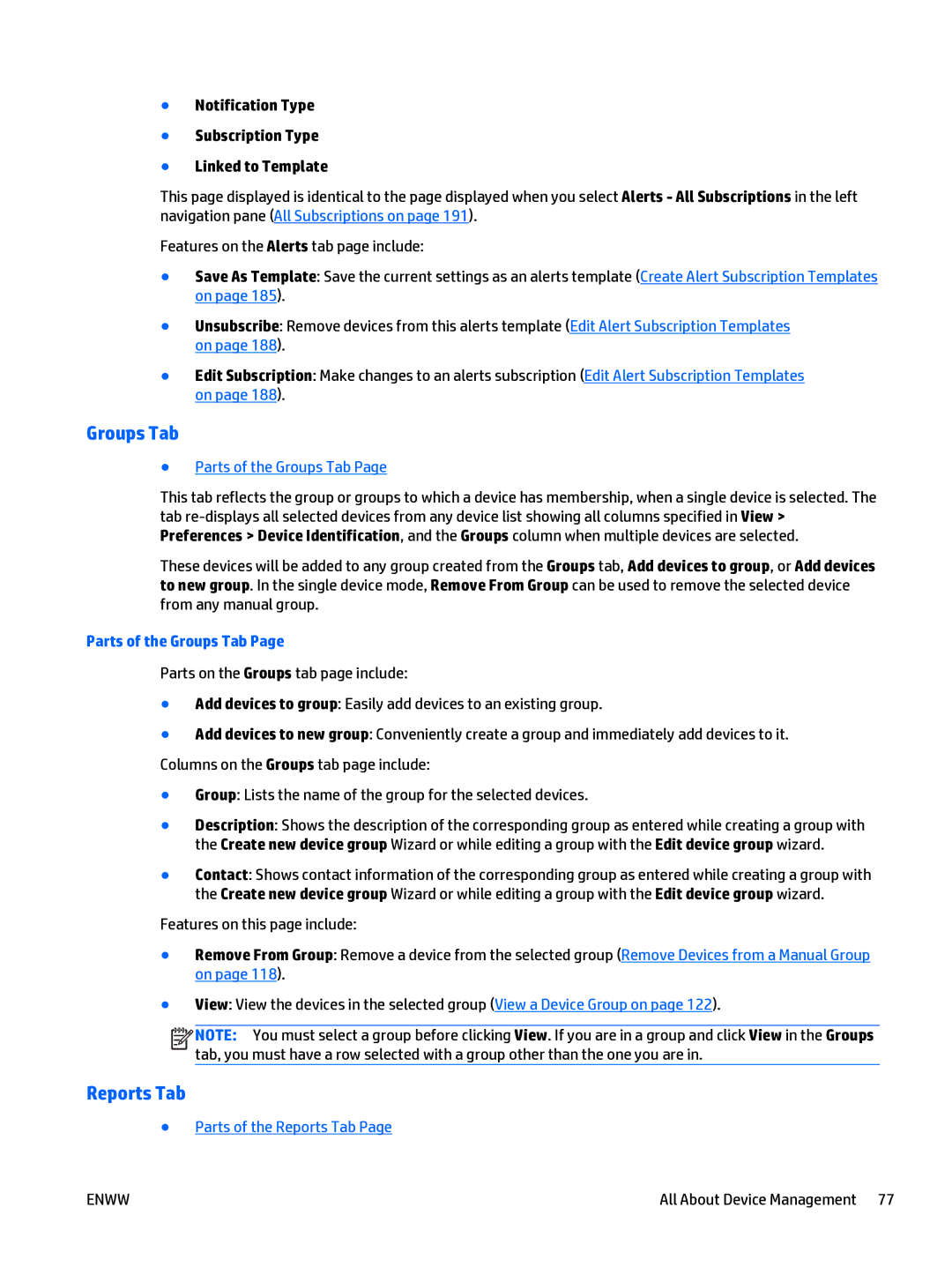 HP Web Jetadmin Software manual Groups Tab, Reports Tab, Notification Type Subscription Type Linked to Template 