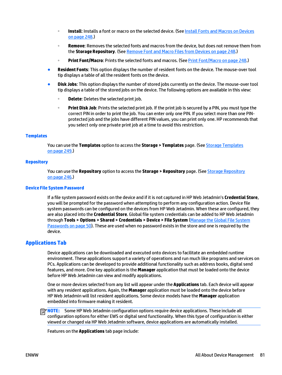 HP Web Jetadmin Software manual Applications Tab, Templates, Repository, Device File System Password 