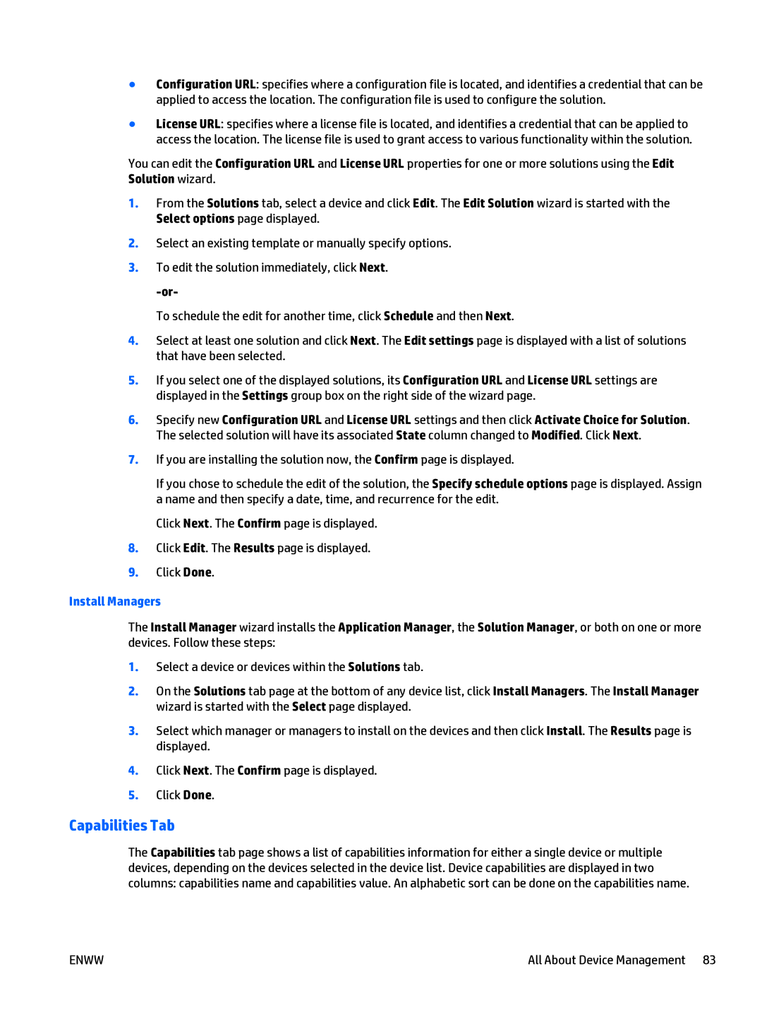 HP Web Jetadmin Software manual Capabilities Tab, Install Managers 