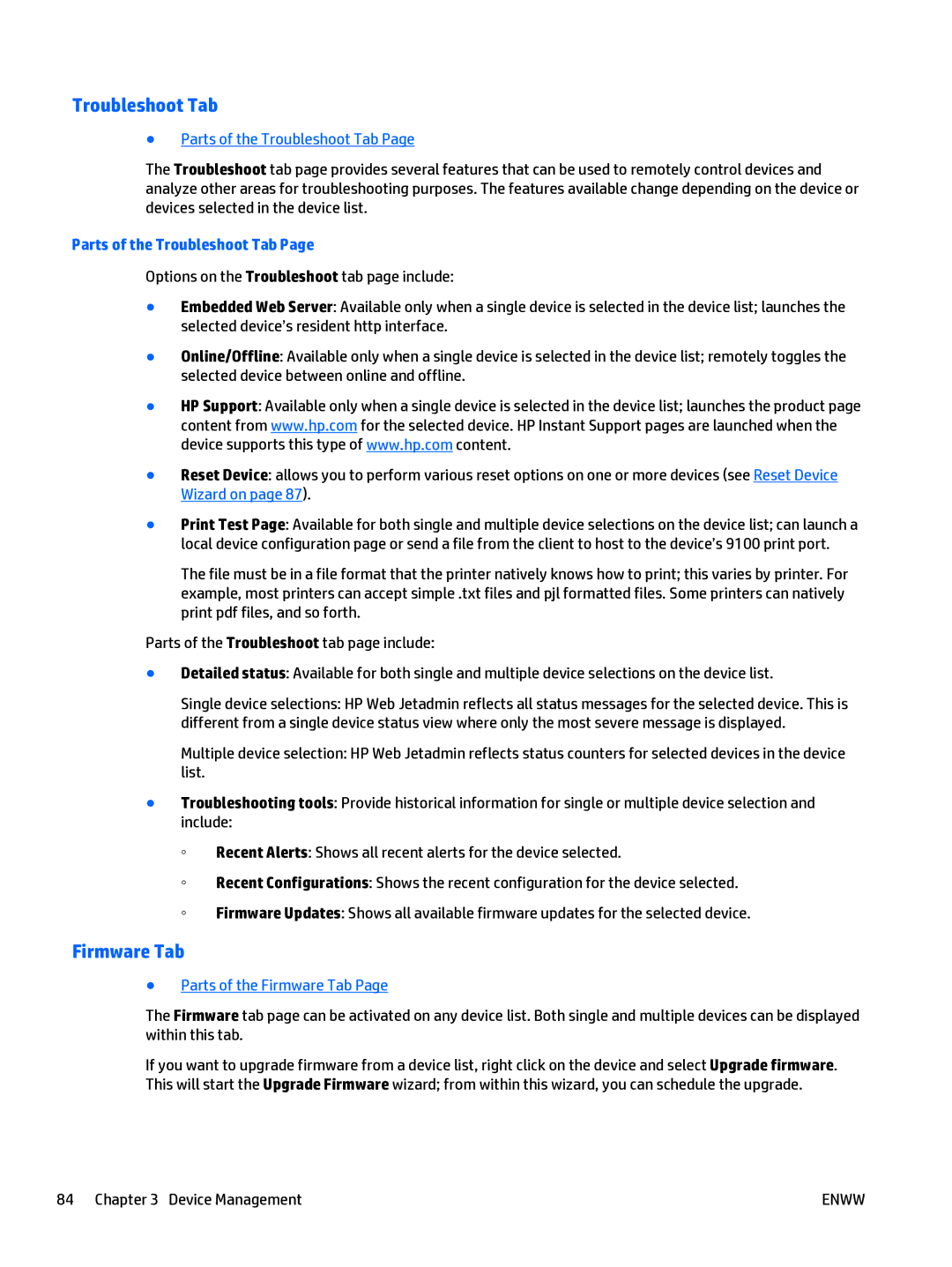 HP Web Jetadmin Software manual Parts of the Troubleshoot Tab, Parts of the Firmware Tab 