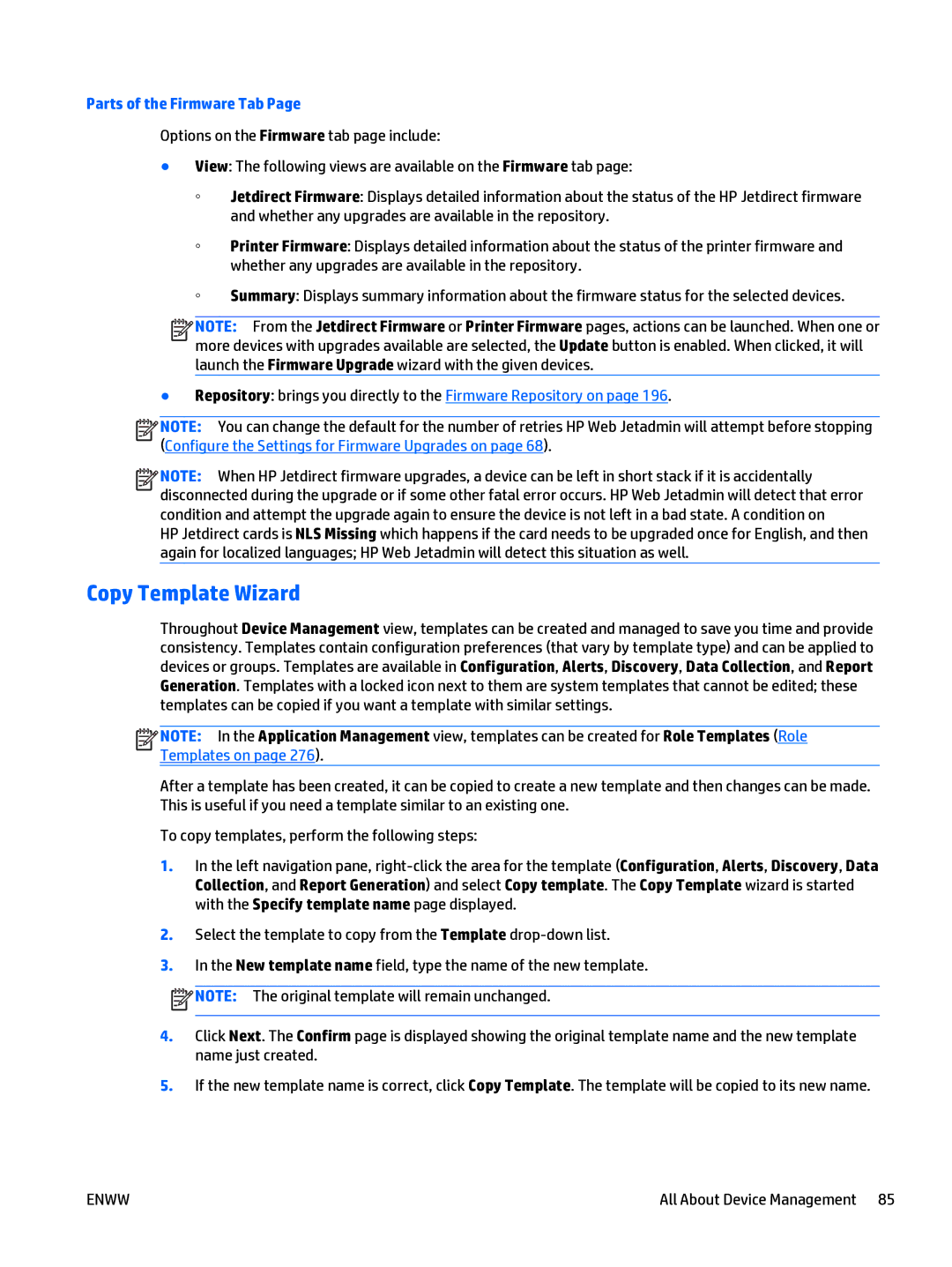 HP Web Jetadmin Software manual Copy Template Wizard, Parts of the Firmware Tab 