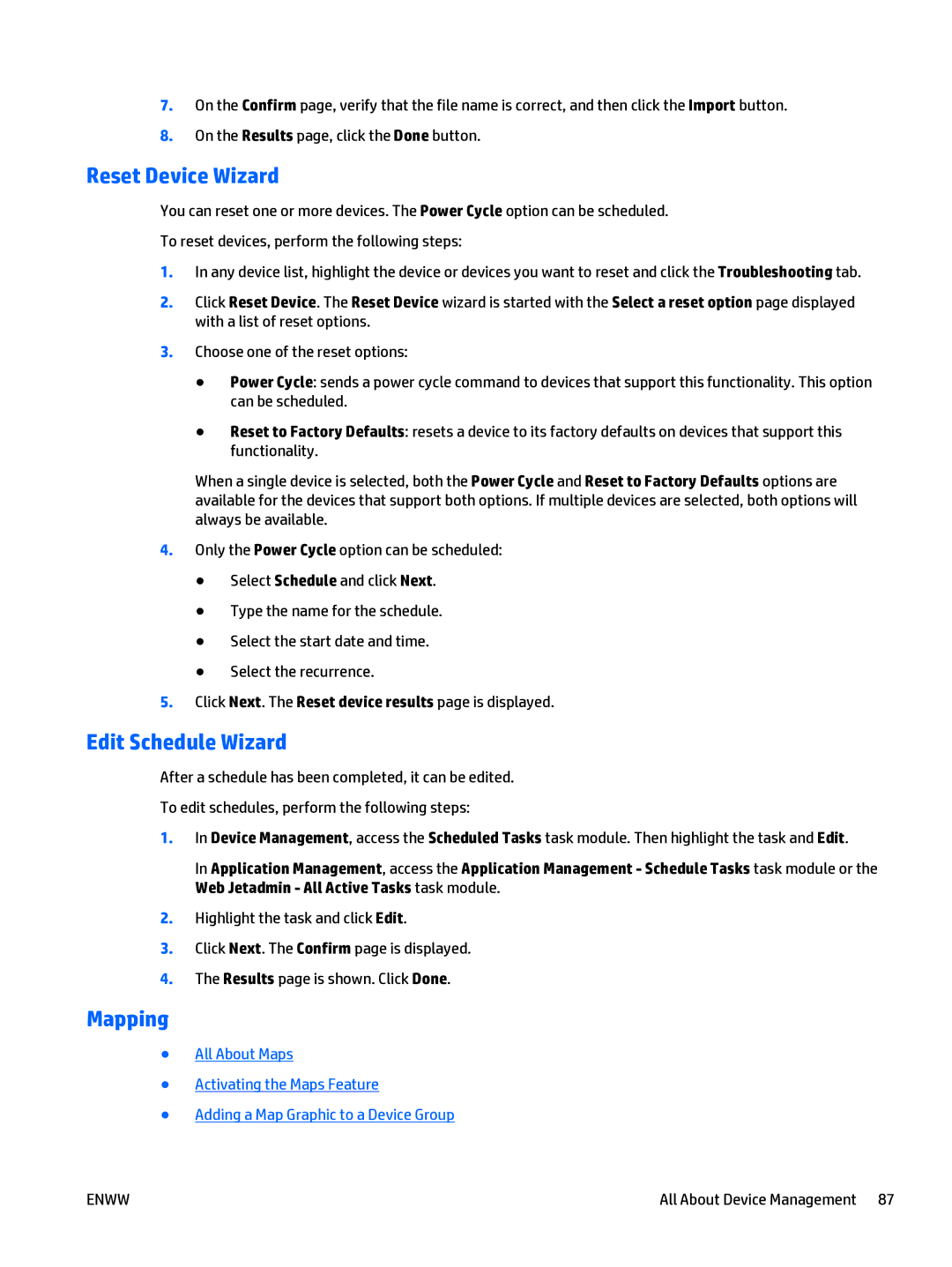 HP Web Jetadmin Software manual Reset Device Wizard, Edit Schedule Wizard, Mapping 