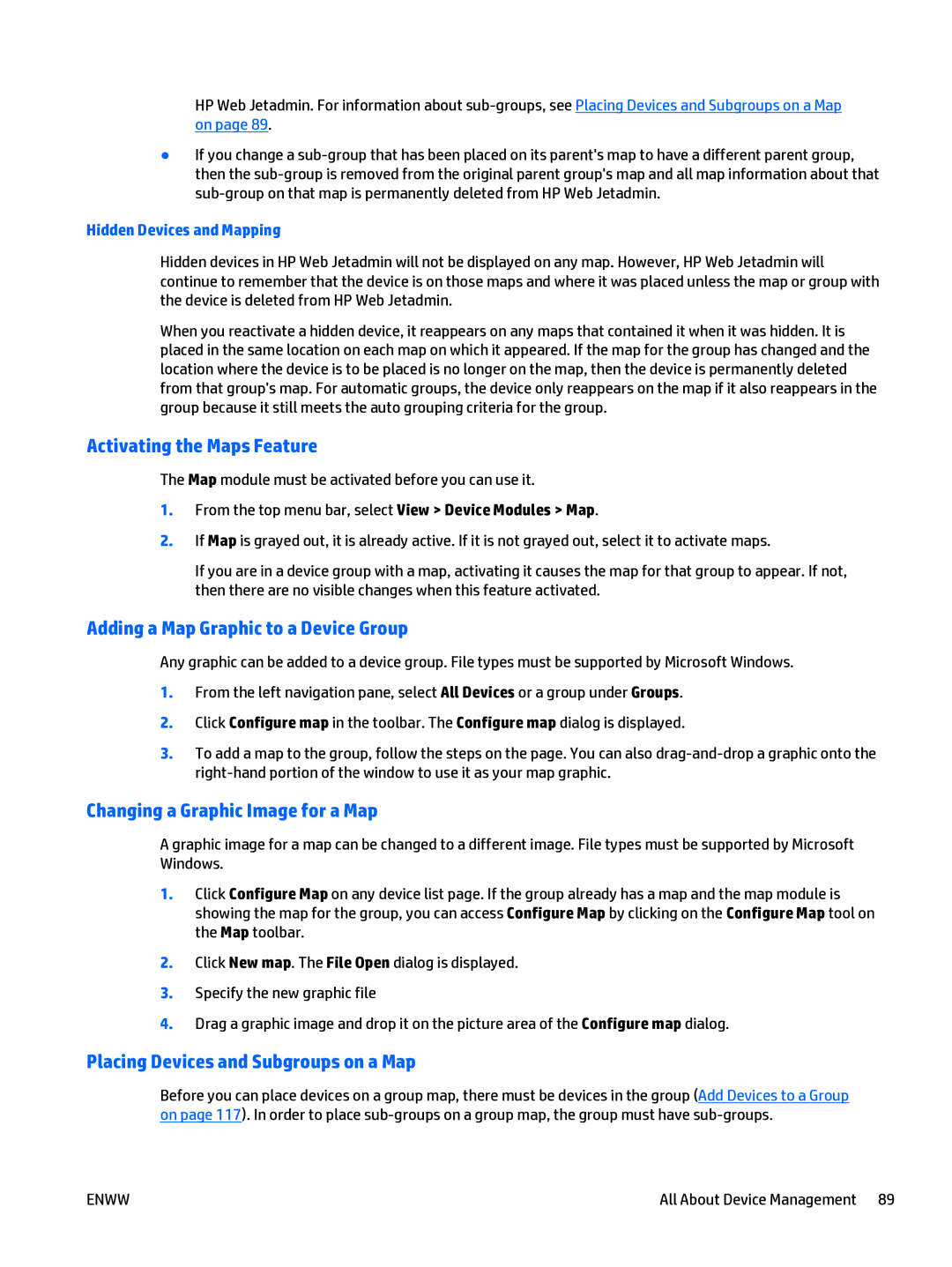 HP Web Jetadmin Software Activating the Maps Feature, Adding a Map Graphic to a Device Group, Hidden Devices and Mapping 