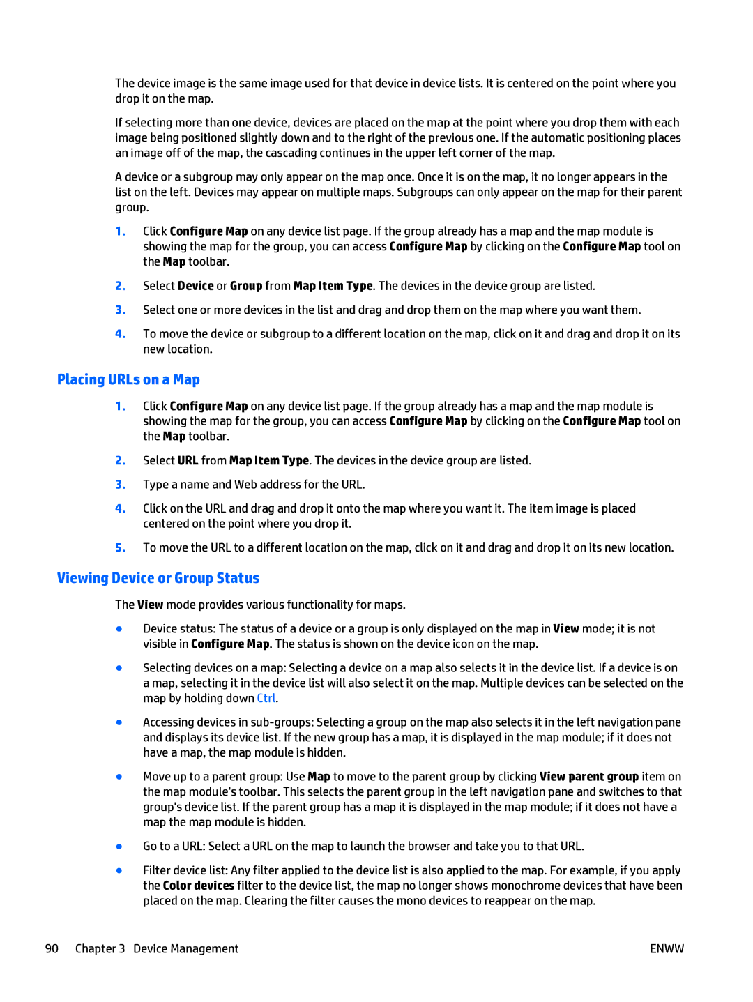 HP Web Jetadmin Software manual Placing URLs on a Map, Viewing Device or Group Status 