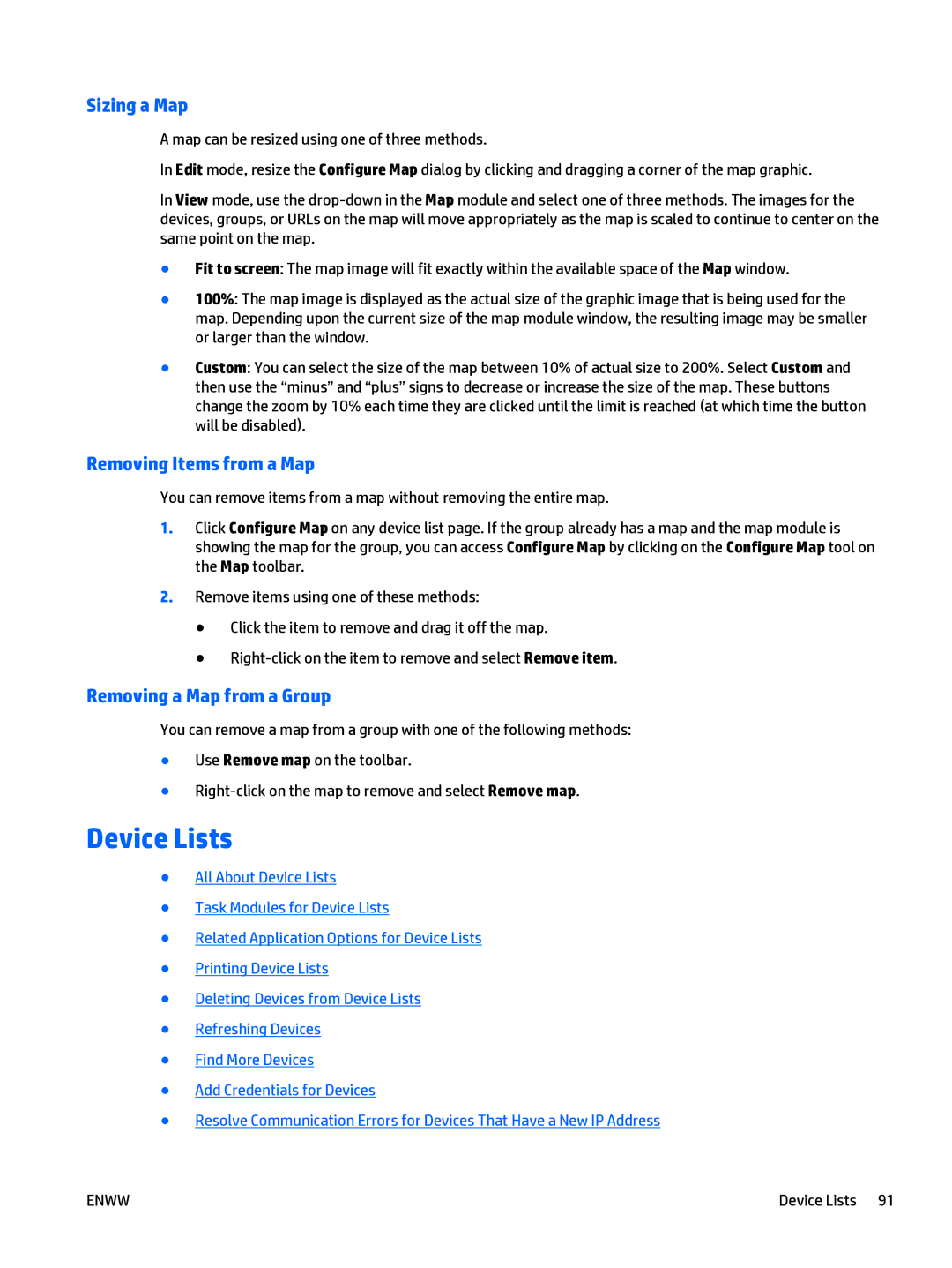 HP Web Jetadmin Software manual Device Lists, Sizing a Map, Removing Items from a Map, Removing a Map from a Group 