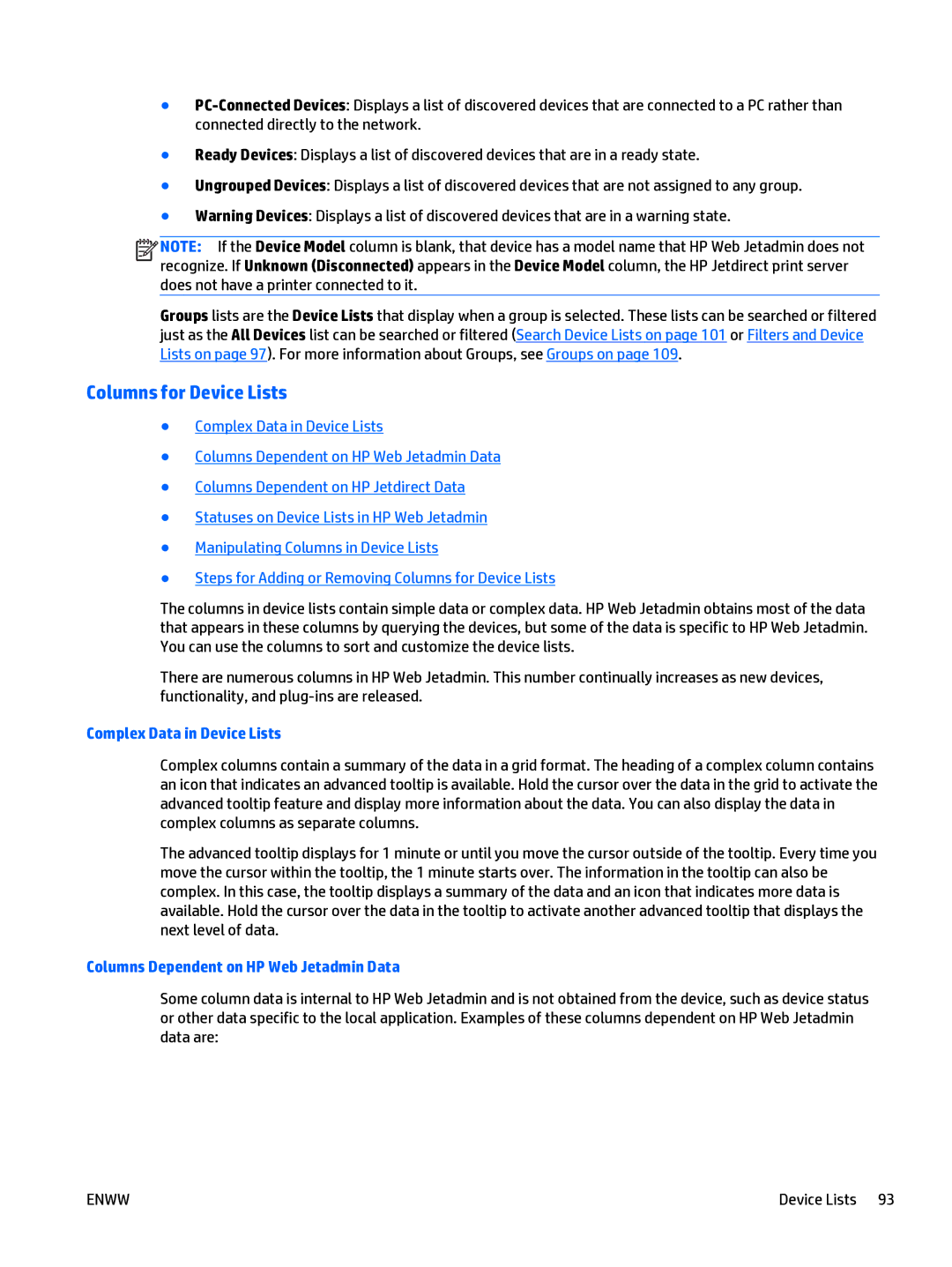 HP Web Jetadmin Software Columns for Device Lists, Complex Data in Device Lists, Columns Dependent on HP Web Jetadmin Data 