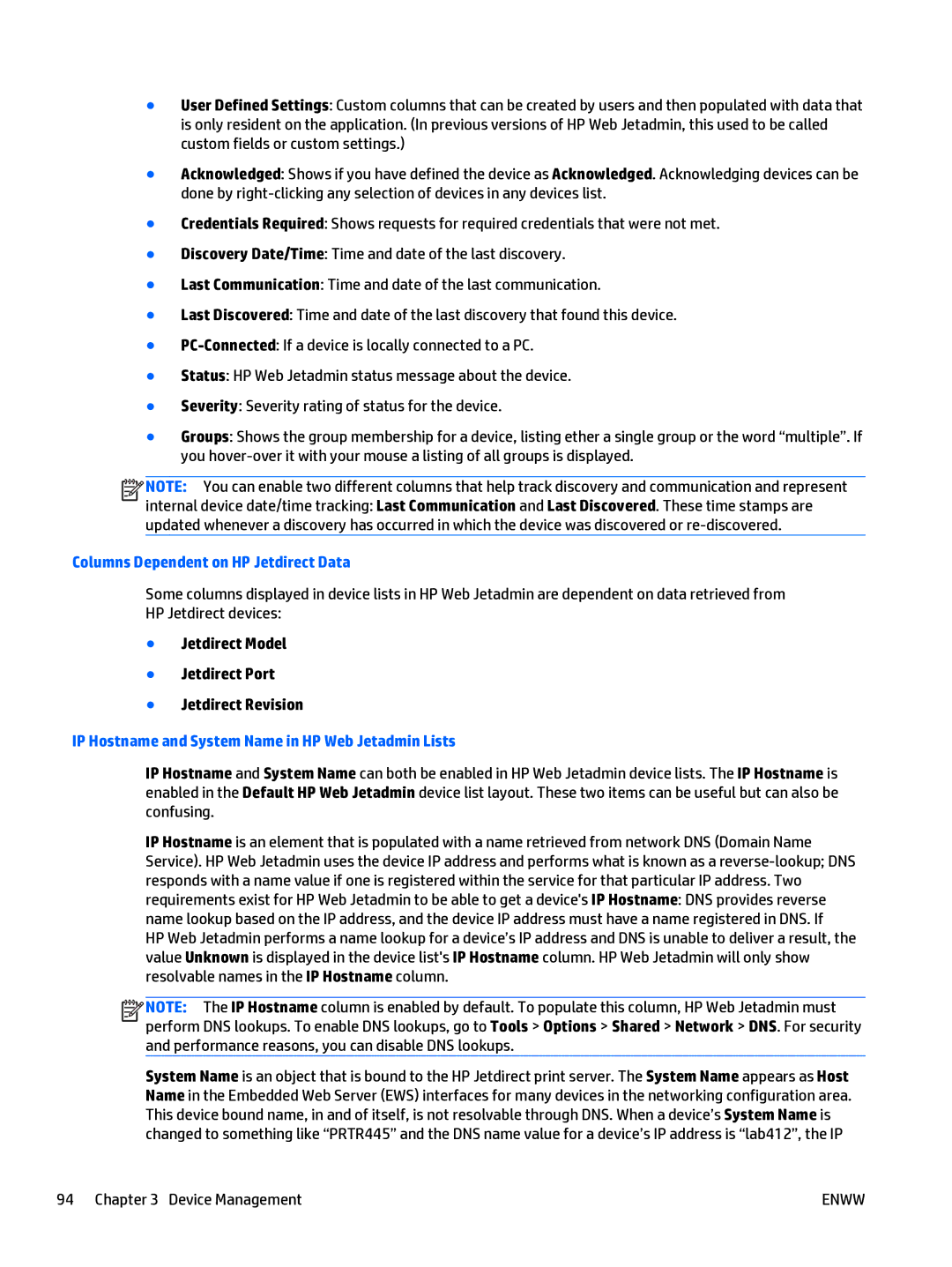 HP Web Jetadmin Software manual Columns Dependent on HP Jetdirect Data, Jetdirect Model Jetdirect Port Jetdirect Revision 