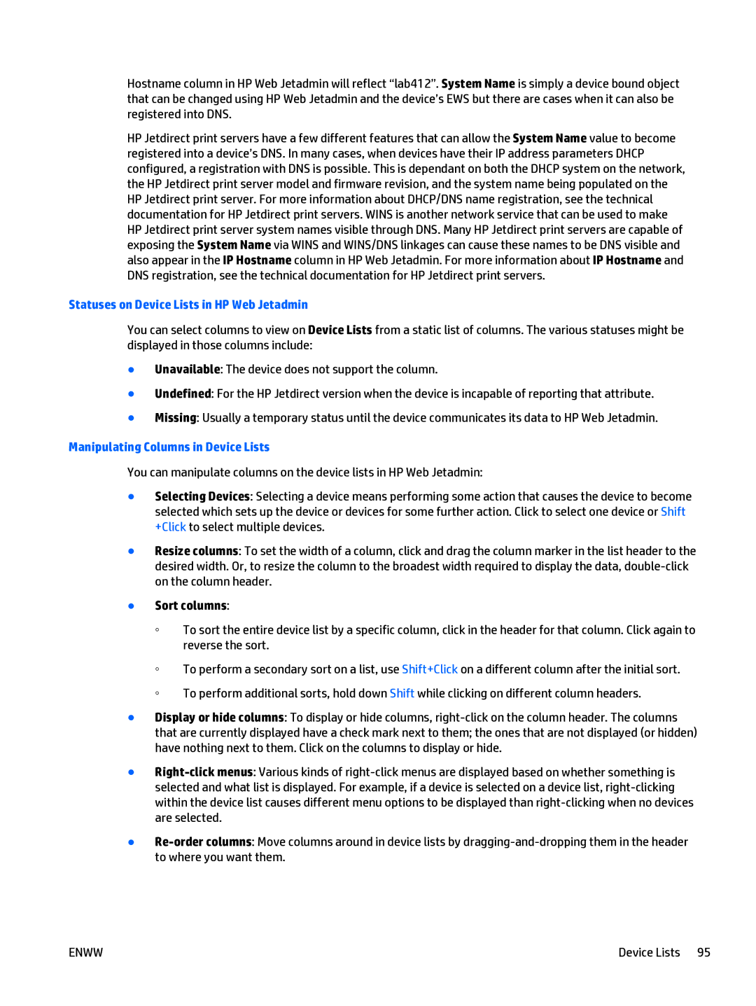 HP Web Jetadmin Software Statuses on Device Lists in HP Web Jetadmin, Manipulating Columns in Device Lists, Sort columns 