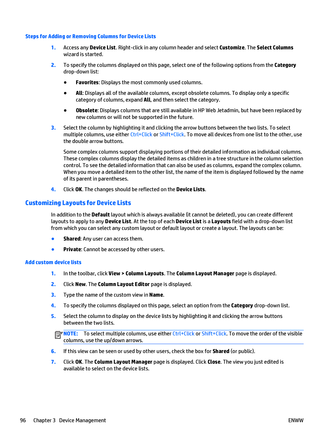 HP Web Jetadmin Software manual Customizing Layouts for Device Lists, Steps for Adding or Removing Columns for Device Lists 