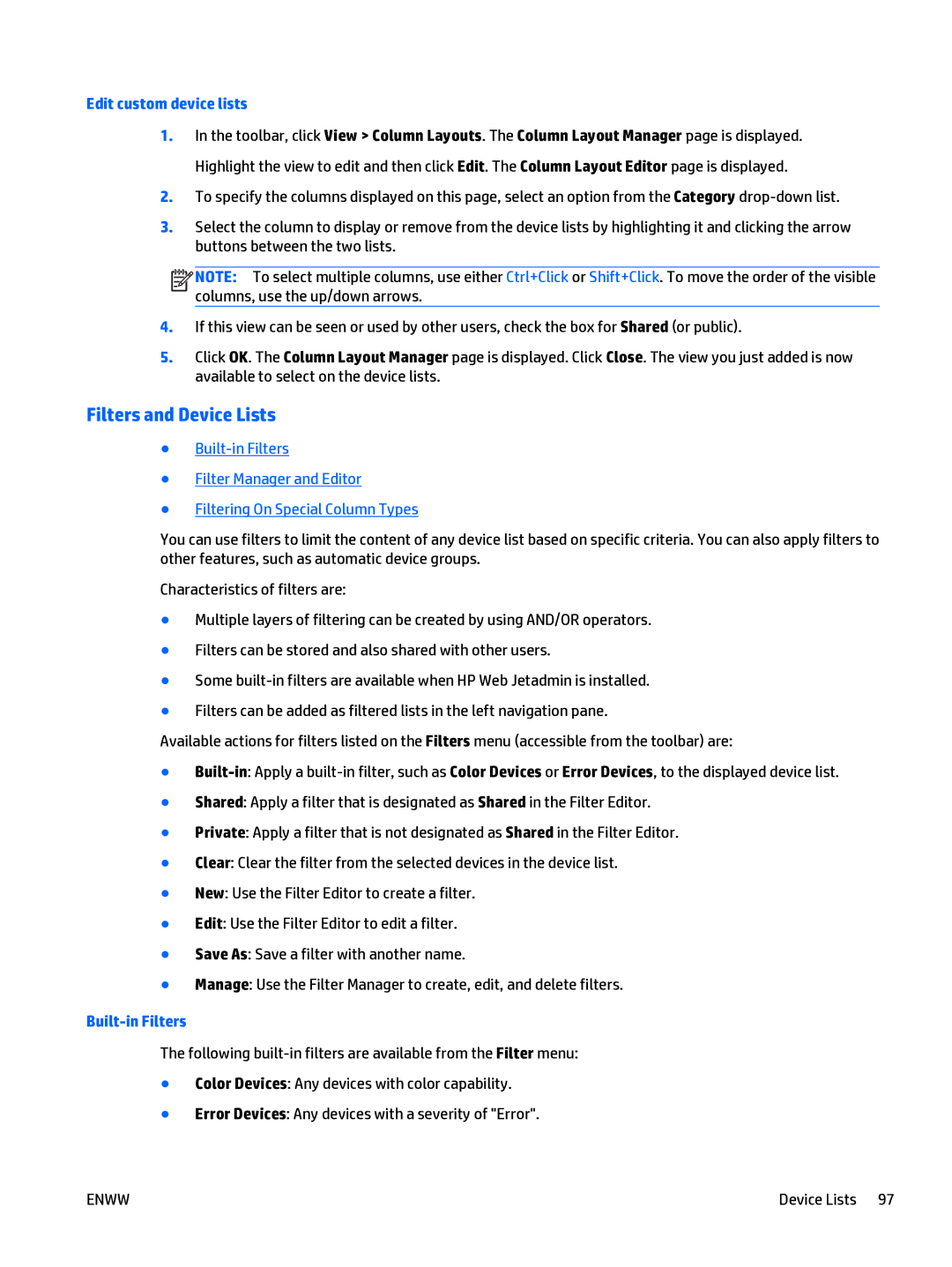 HP Web Jetadmin Software manual Filters and Device Lists, Edit custom device lists, Built-in Filters 