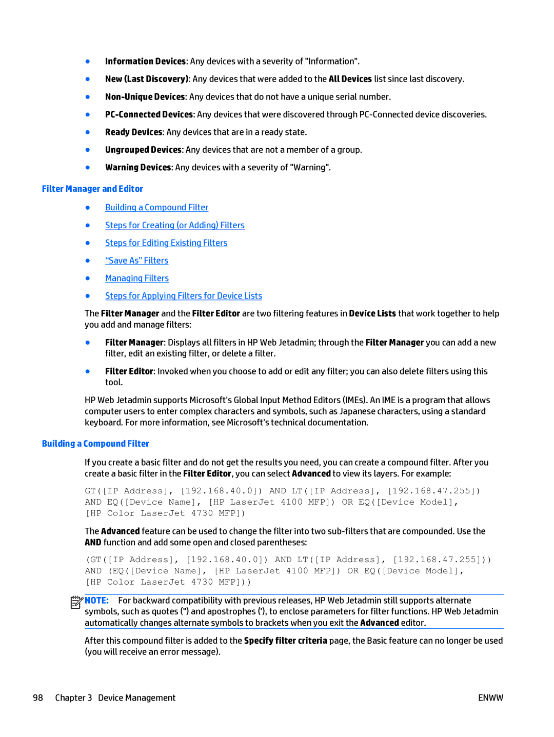 HP Web Jetadmin Software manual Filter Manager and Editor, Building a Compound Filter 