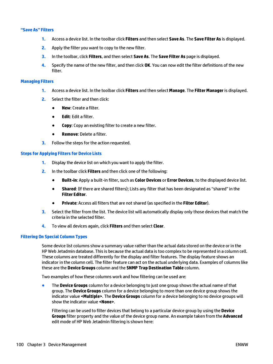 HP Web Jetadmin Software manual Save As Filters, Managing Filters, Steps for Applying Filters for Device Lists 