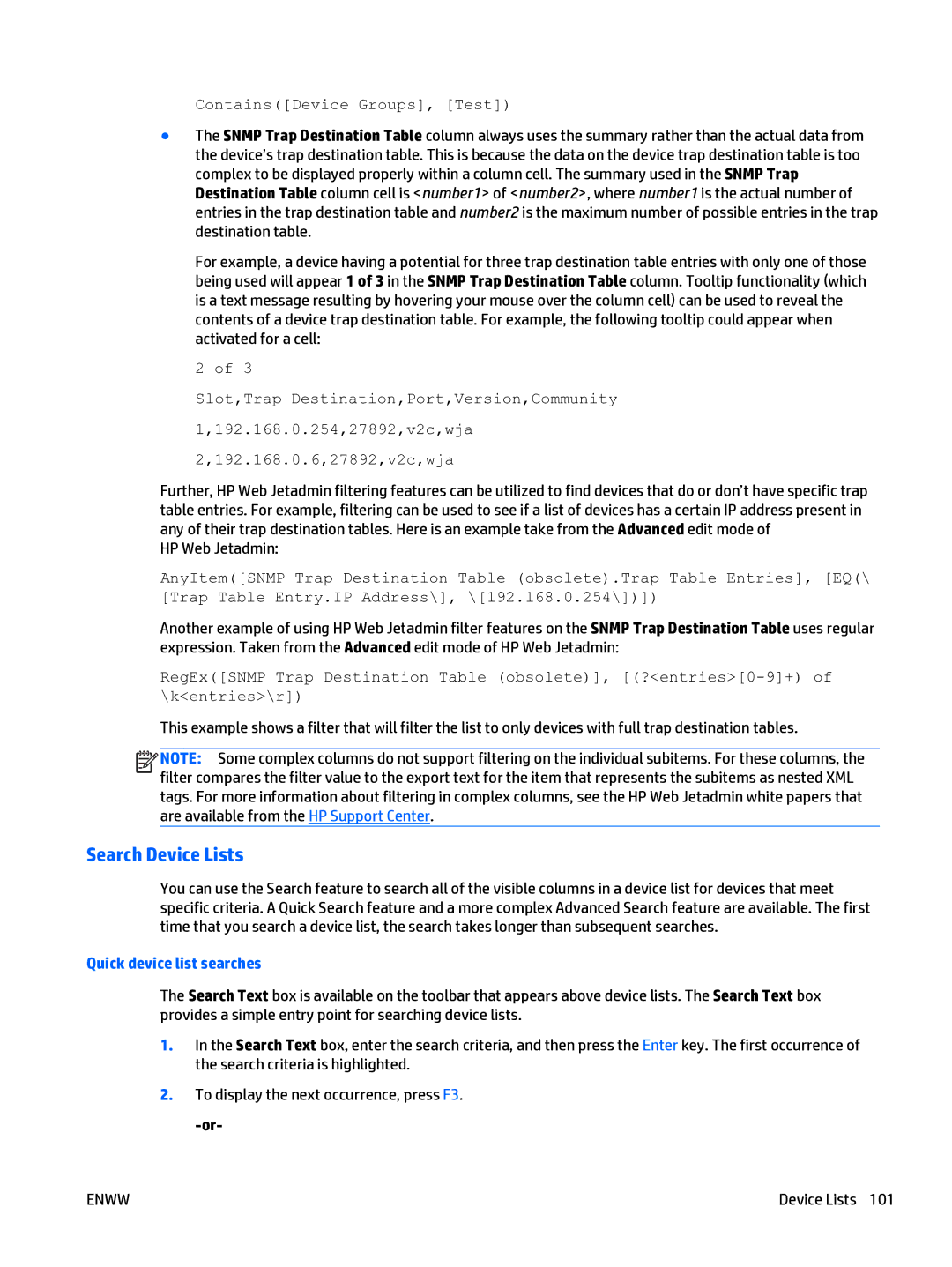 HP Web Jetadmin Software manual Search Device Lists, Quick device list searches 