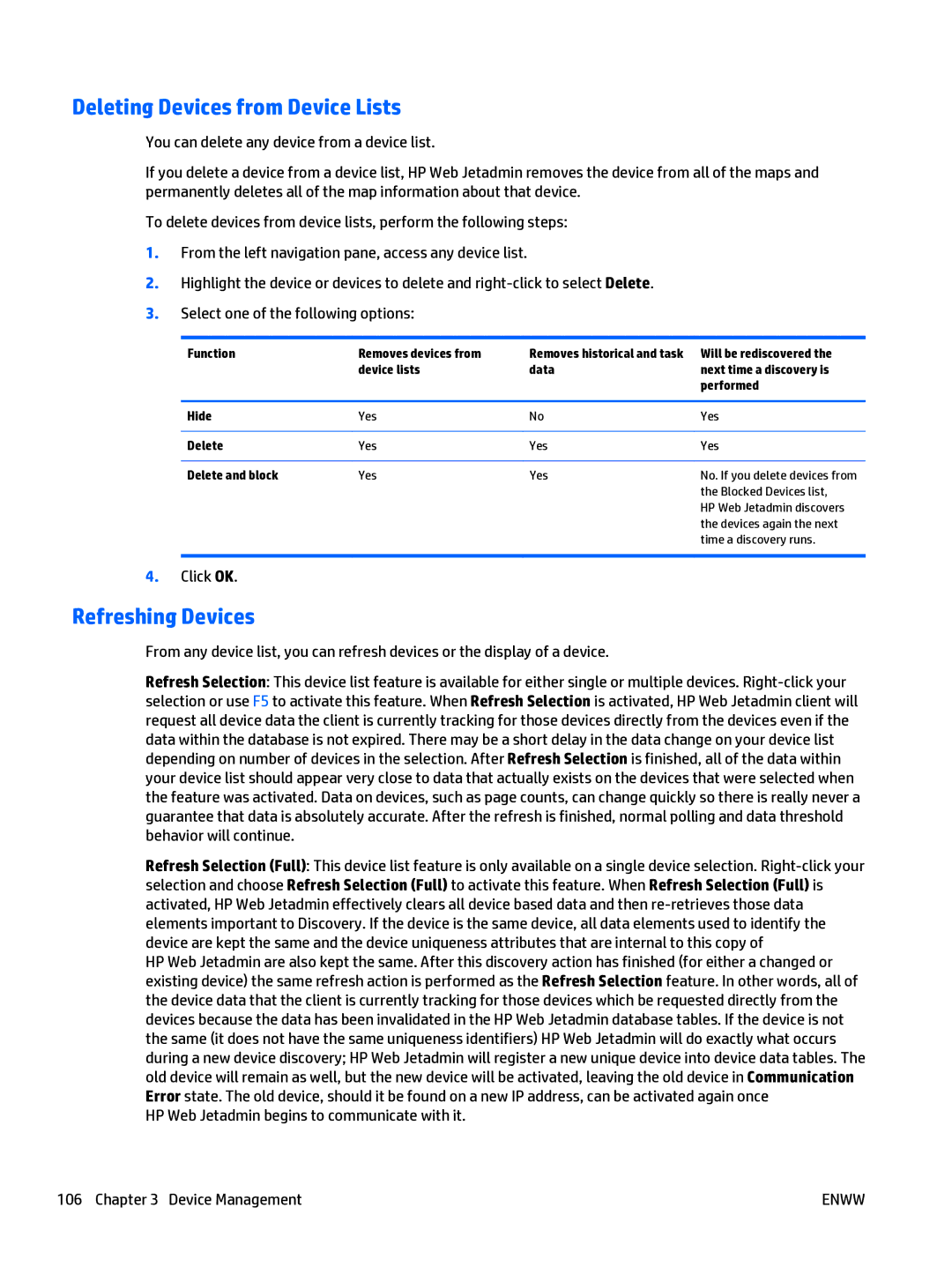 HP Web Jetadmin Software manual Deleting Devices from Device Lists, Refreshing Devices 