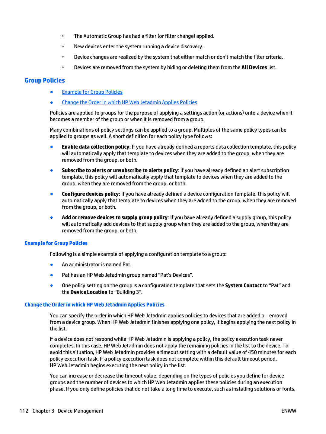 HP Web Jetadmin Software manual Example for Group Policies, Change the Order in which HP Web Jetadmin Applies Policies 