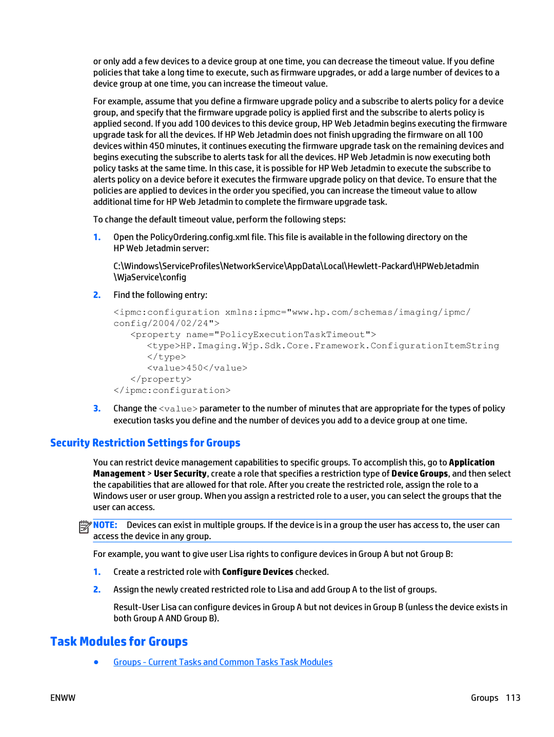 HP Web Jetadmin Software manual Task Modules for Groups, Security Restriction Settings for Groups 