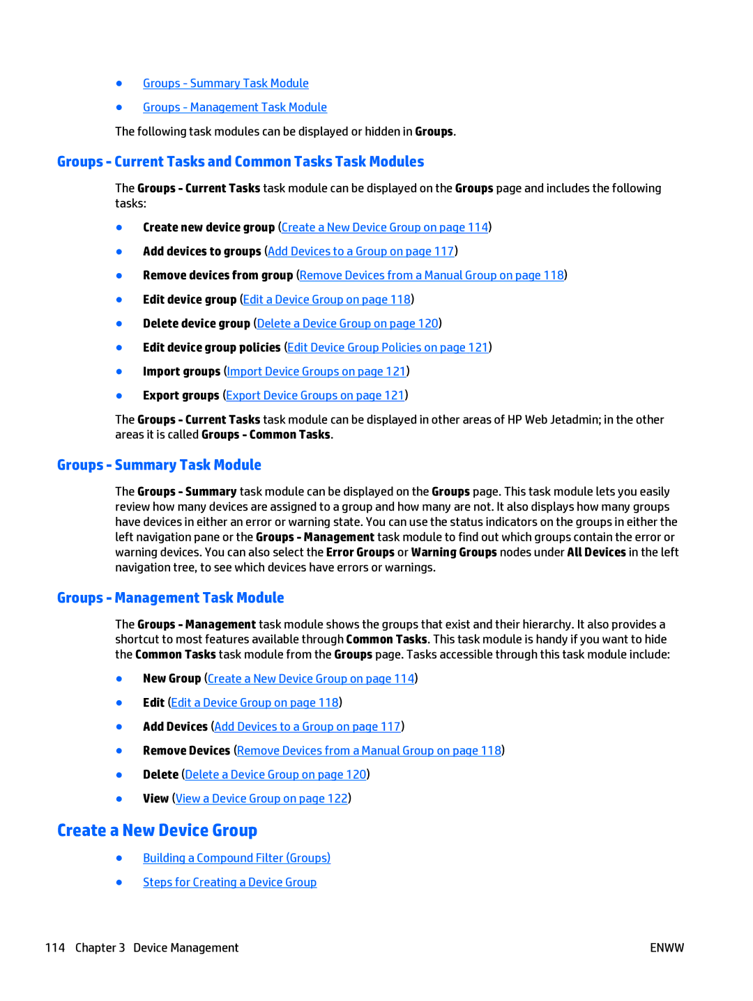 HP Web Jetadmin Software manual Create a New Device Group, Groups Current Tasks and Common Tasks Task Modules 