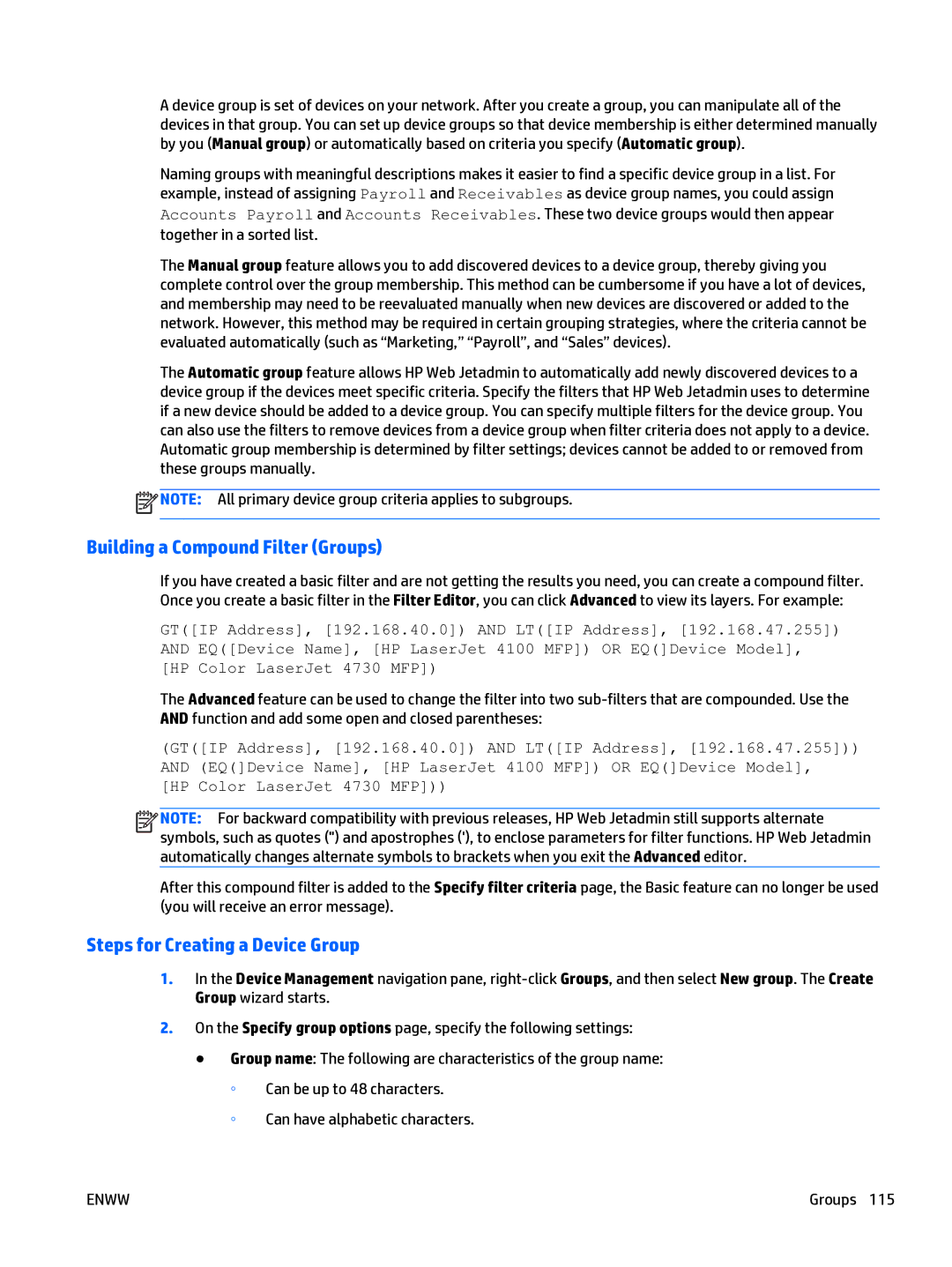 HP Web Jetadmin Software manual Building a Compound Filter Groups, Steps for Creating a Device Group 