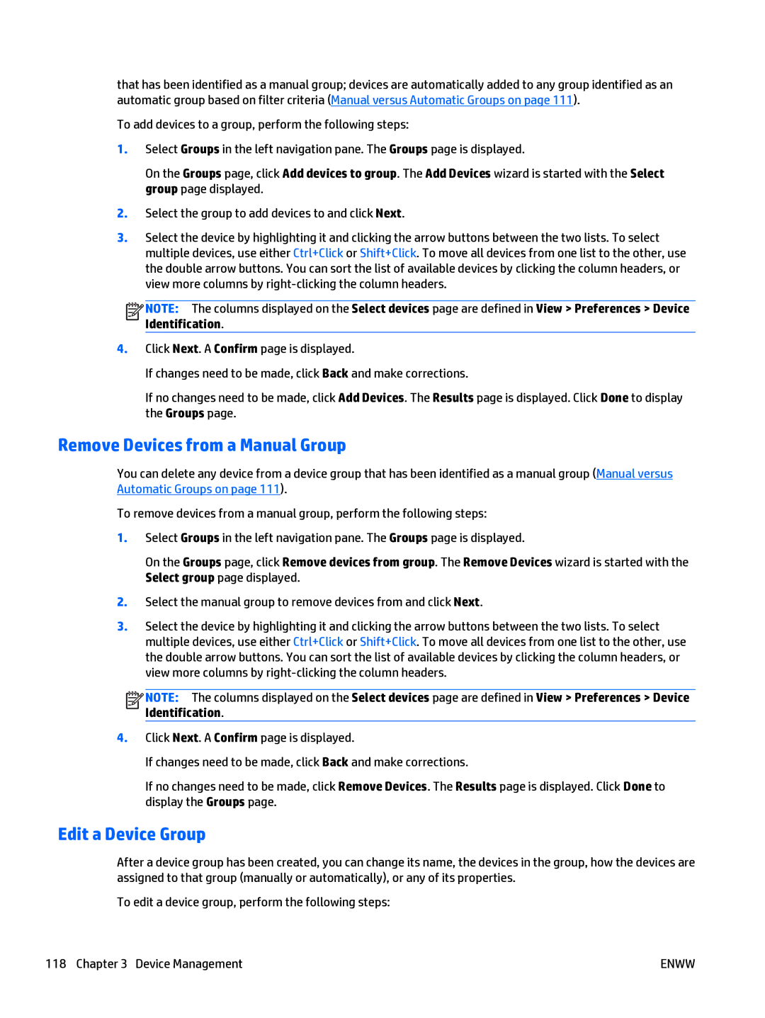 HP Web Jetadmin Software manual Remove Devices from a Manual Group, Edit a Device Group 