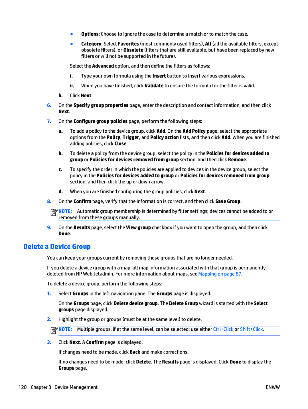 HP Web Jetadmin Software manual Delete a Device Group 