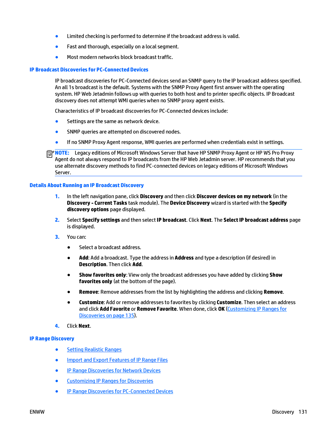 HP Web Jetadmin Software manual IP Broadcast Discoveries for PC-Connected Devices, IP Range Discovery 