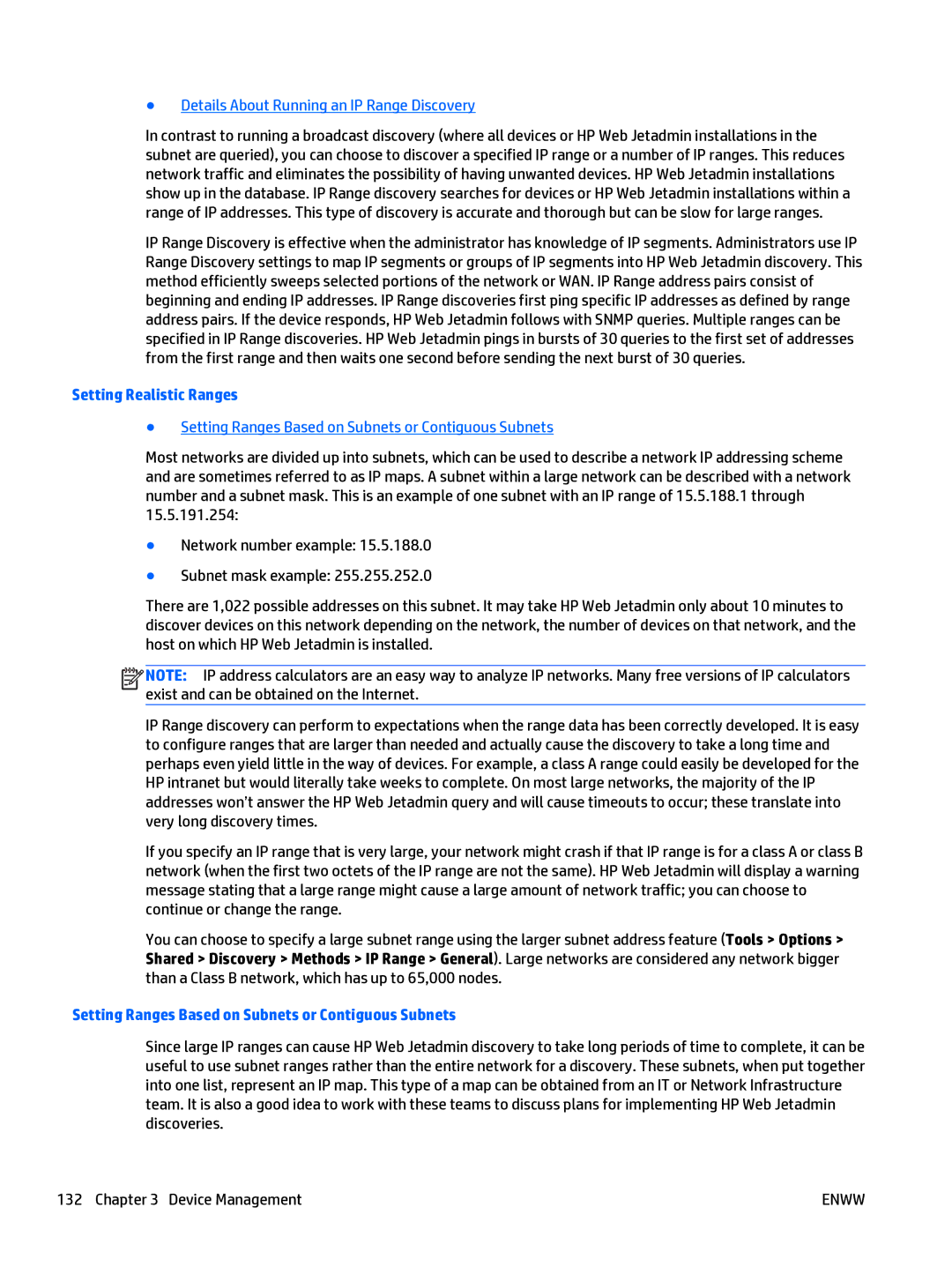 HP Web Jetadmin Software manual Details About Running an IP Range Discovery, Setting Realistic Ranges 