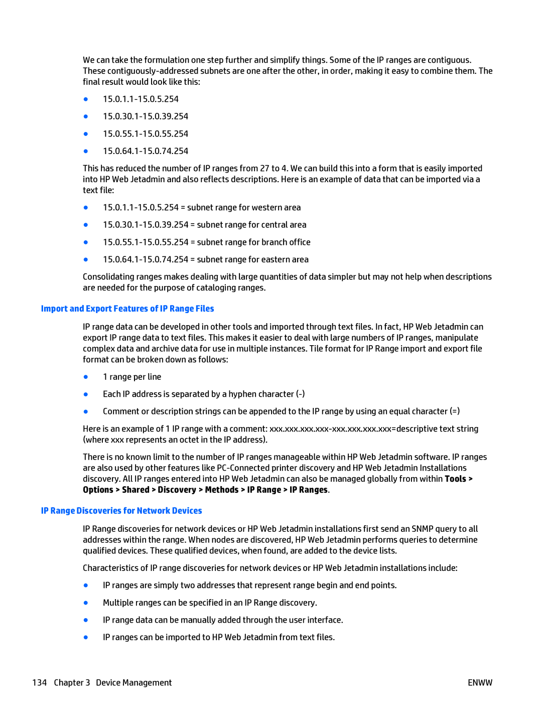 HP Web Jetadmin Software manual Import and Export Features of IP Range Files, IP Range Discoveries for Network Devices 