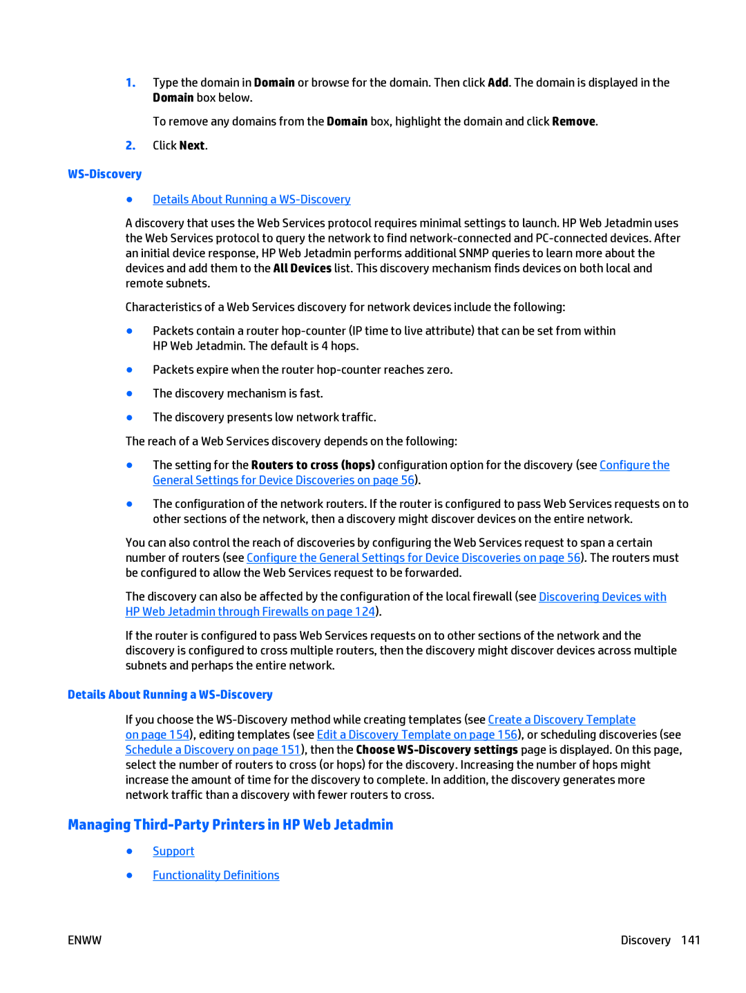 HP Web Jetadmin Software Managing Third-Party Printers in HP Web Jetadmin, WS-Discovery, Support Functionality Definitions 