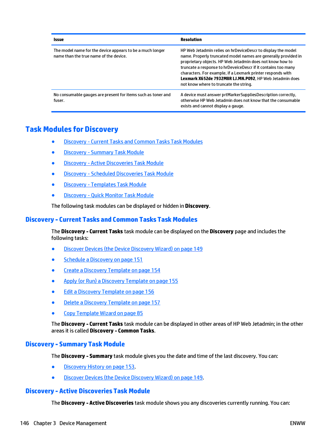 HP Web Jetadmin Software manual Task Modules for Discovery, Discovery Current Tasks and Common Tasks Task Modules 