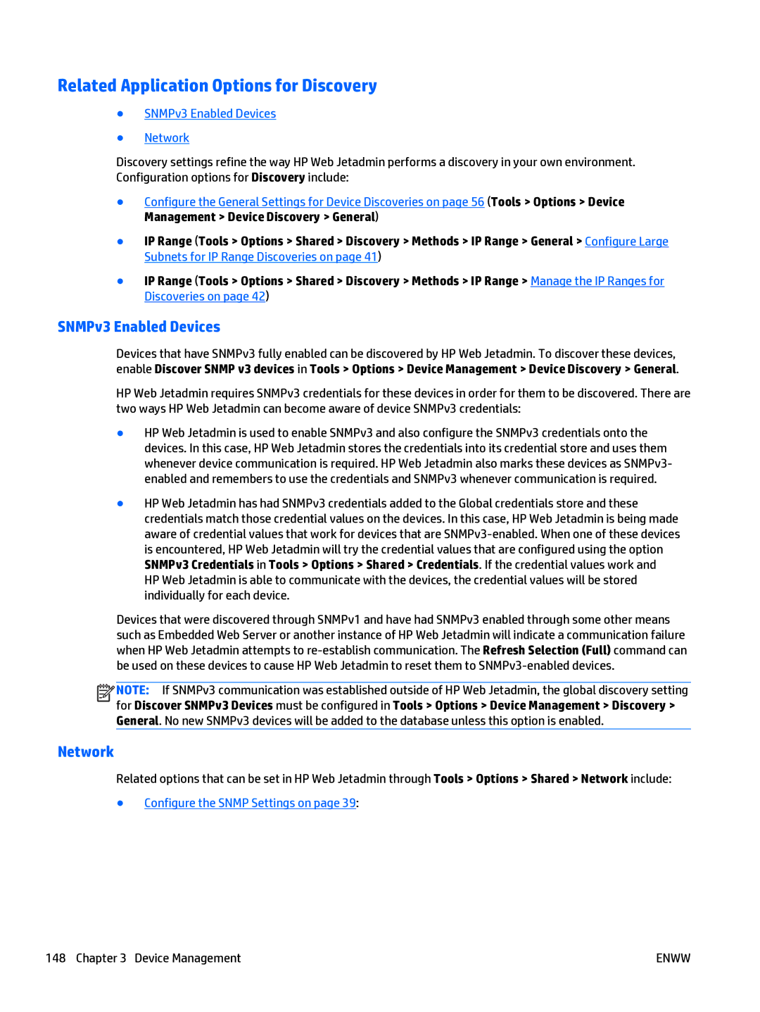 HP Web Jetadmin Software manual Related Application Options for Discovery, SNMPv3 Enabled Devices, Network 