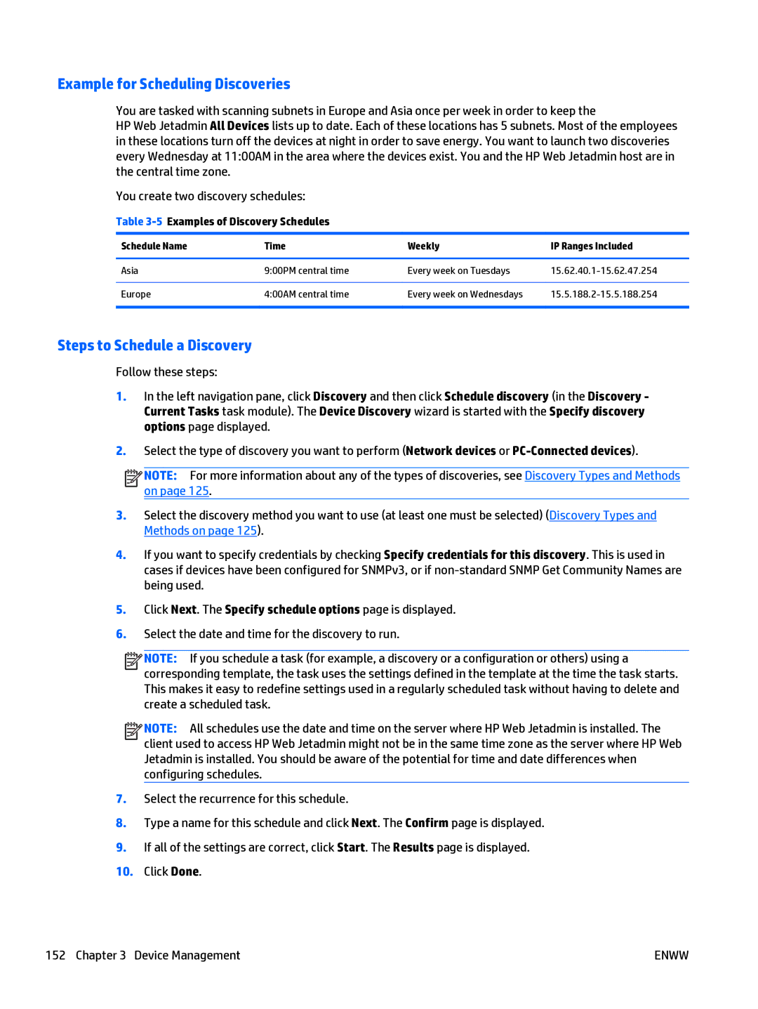 HP Web Jetadmin Software manual Example for Scheduling Discoveries, Steps to Schedule a Discovery 