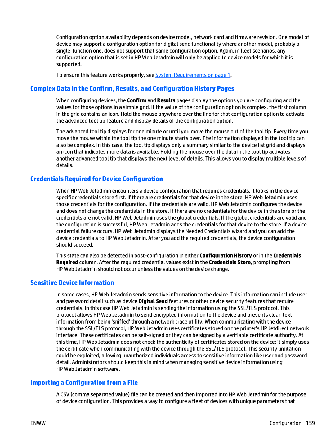 HP Web Jetadmin Software manual Credentials Required for Device Configuration, Sensitive Device Information 