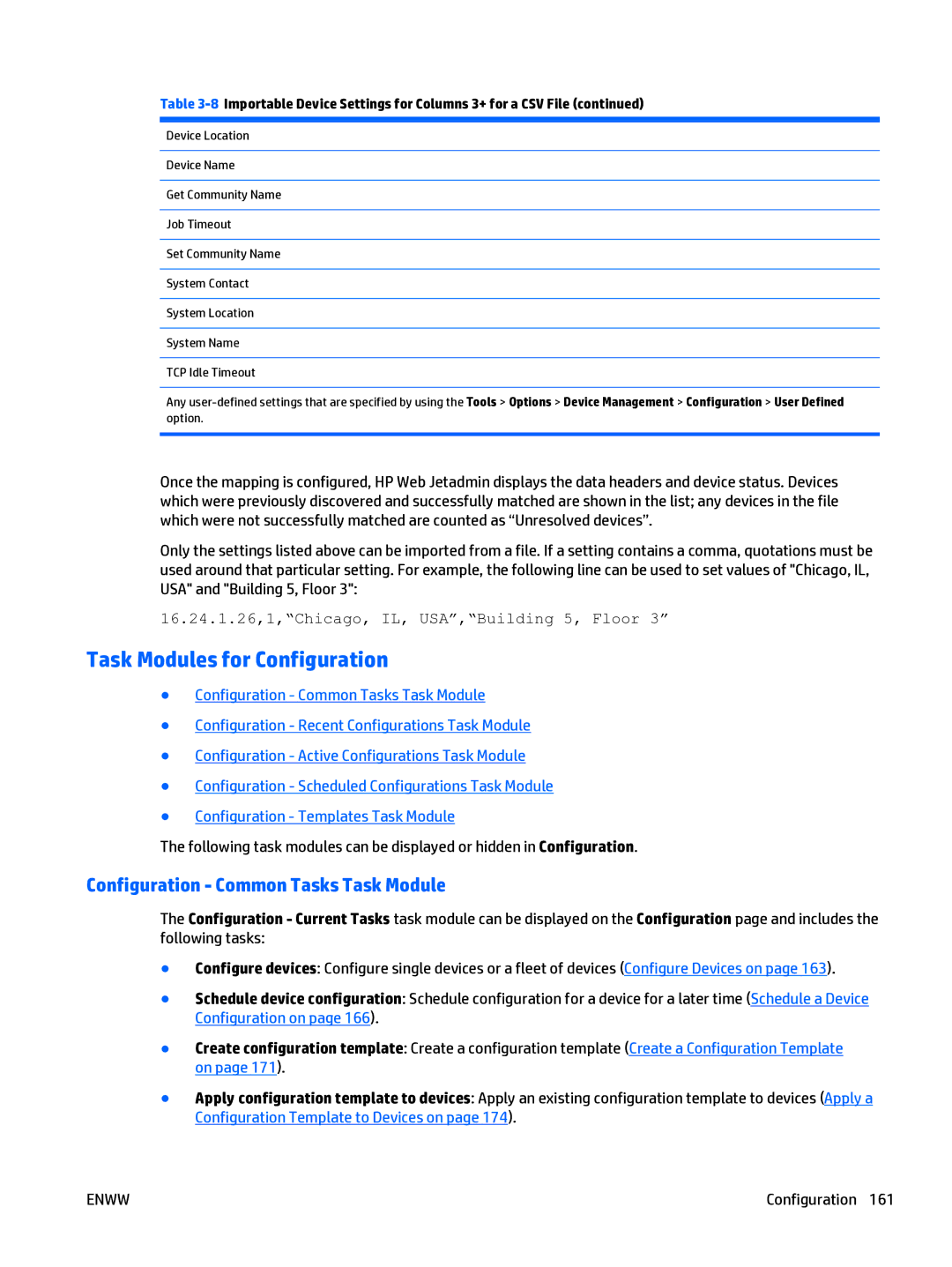 HP Web Jetadmin Software manual Task Modules for Configuration, Configuration Common Tasks Task Module 