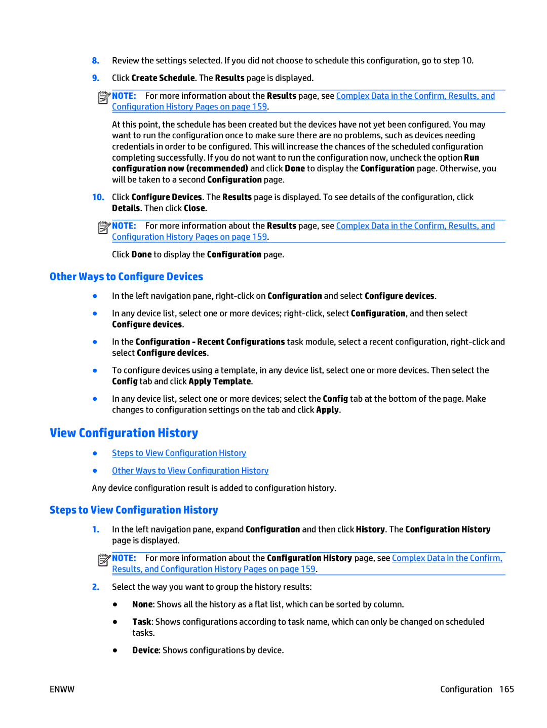 HP Web Jetadmin Software manual Other Ways to Configure Devices, Steps to View Configuration History 